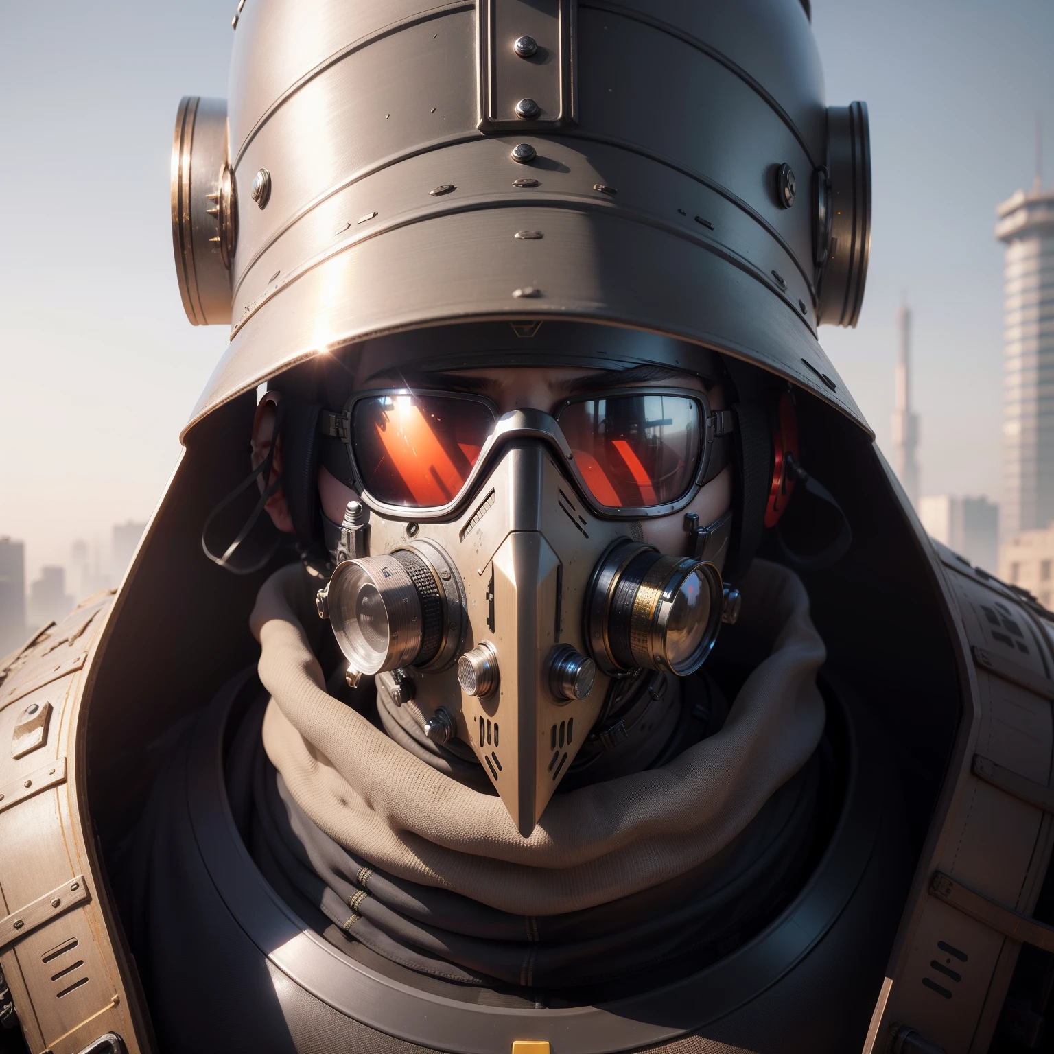 Best quality, masterpiece, (photorealistic:1.4), RAW photo, 8k portrait close-up of a futuristic helmet with mask, eye protection heavy industrial sunglasses and filters for polluted air in nose and mouth. Made of plastic and metallic materials. Intricate and complex construction.