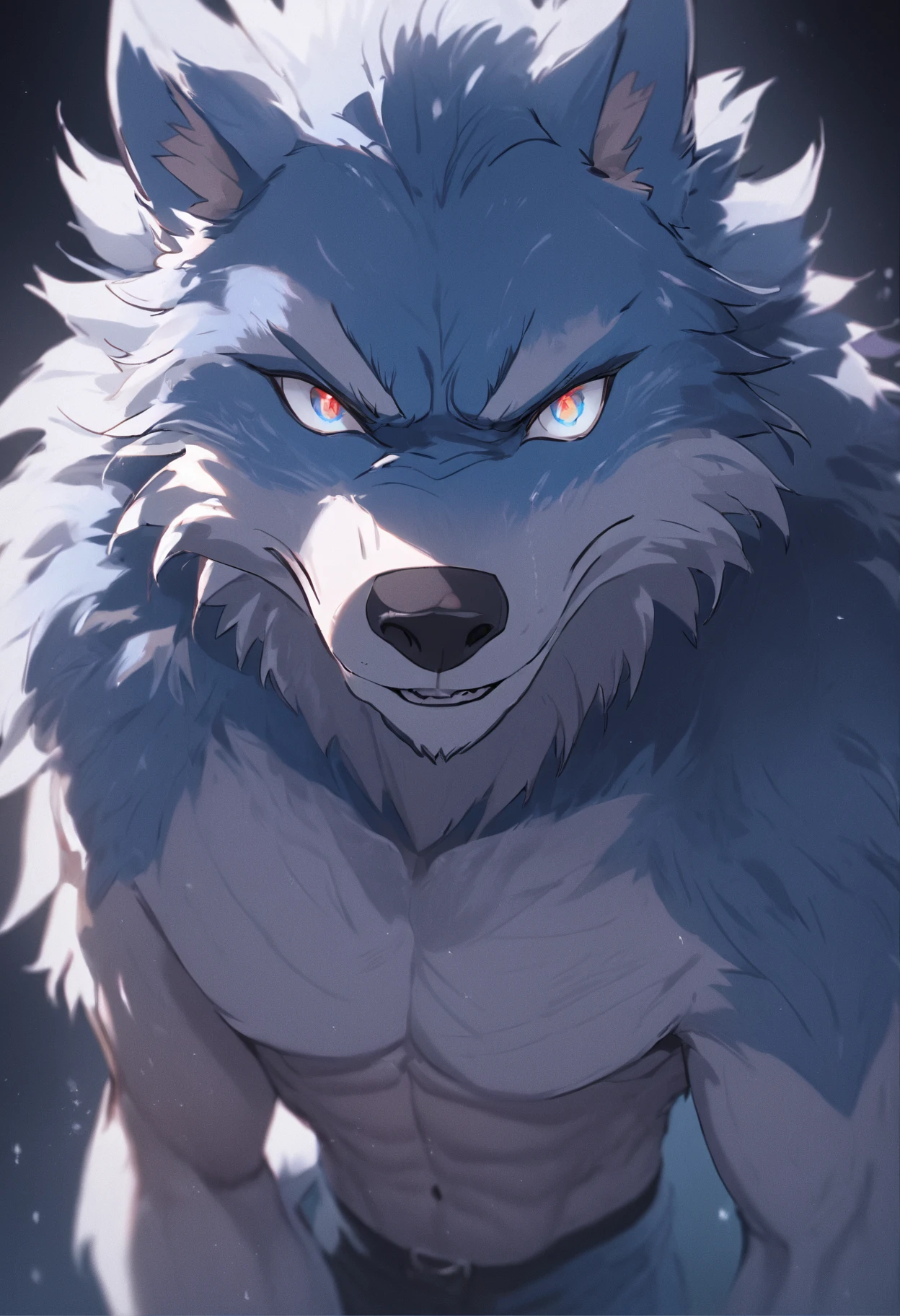 4K, high resolution, Best quality, Masterpiece, perfect colors, perfectly shaded, Perfect lighting, posted on e621, (by Chunie), Furry, anthro, Furry art, ((Portrait)), Male wolf, gray wolf, (two-toned fur), hairy bodies, Blue eyes, (Seductive look:1.2), fit body, perfect male figure, Wear men's shorts,Abs,musculature,Detailed fur, Detailed face, Perfect face, (The stands up), Detailed background, ((Bonifasko lighting)), Wolf tail, (Detailed eyes), perfect pupils