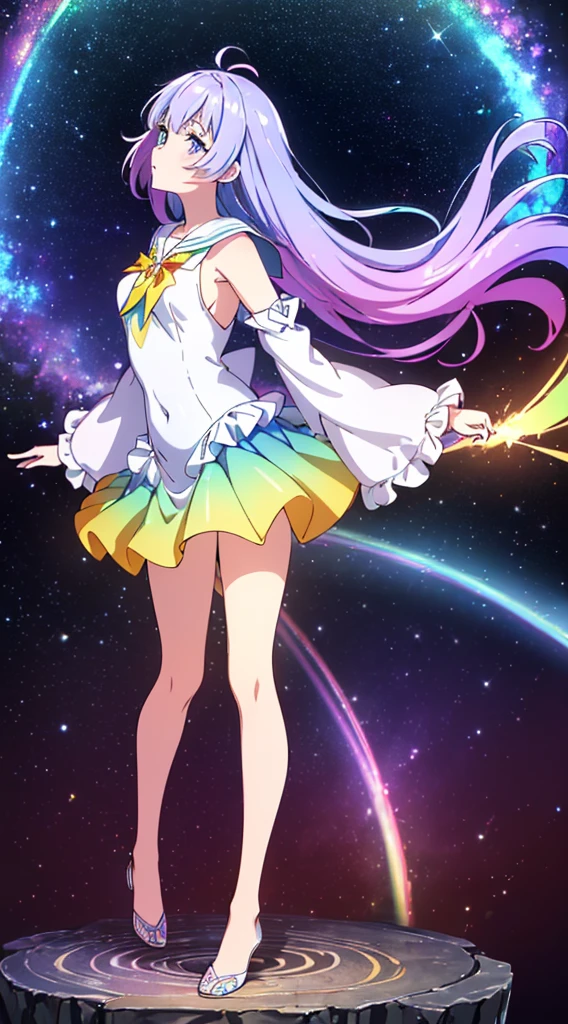 (Full body posing:1.5), (colorful:1.2), Dynamic angle, (extremely detailed CG unity 16k wallpaper:1.1), (Denoising strength: 1.45), (tmasterpiece:1.37), ((extremely detailed CG)), ((8k_wallpaper)), watercolor_(medium), ((beautiful detailed starry sky)), cinmatic lighting, ****, princess, very long rainbow hair, side view, looking at viewer, full body, frills, (far from viewer), ((extremely detailed face)), ((an extremely delicate and beautiful girl)), ((extremely detailed cute anime face)), ((extremely detailed eyes)), (((extremely detailed body))), (ultra detailed), ((bare stomach)), ((bare shoulder)), small breast, ((sideboob)), ((((floating and rainbow hair)))), (((Iridescence and rainbow hair))), (((extremely detailed sailor dress))), ((((Iridescence and rainbow dress)))), (Iridescence and rainbow eyes), beautiful detailed hair, beautiful detailed dress, dramatic angle, expressionless, (big top sleeves), frills, blush, (ahoge), illustration, god rays, sparkle, glowing light, (((masterpiece))), ((best quality))