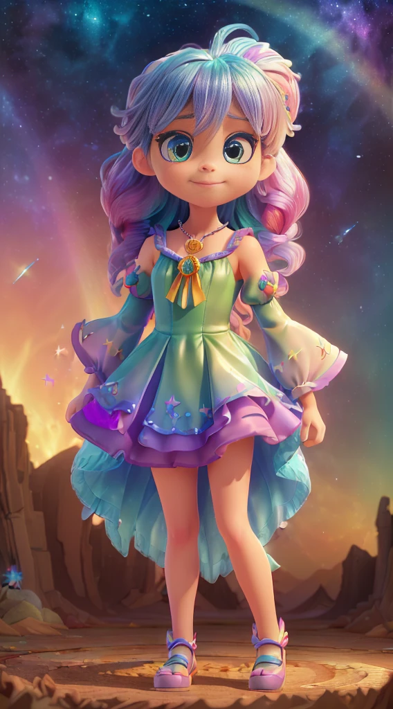 (Full body posing:1.5), (cartoony:1.5), (colorful:1.2), Dynamic angle, (extremely detailed CG unity 16k wallpaper:1.1), (Denoising strength: 1.45), (tmasterpiece:1.37), ((extremely detailed CG)), ((8k_wallpaper)), watercolor_(medium), ((beautiful detailed starry sky)), cinmatic lighting, , princess, very long rainbow hair, side view, looking at viewer, full body, frills, (far from viewer), ((extremely detailed face)), ((an extremely delicate and beautiful girl)), ((extremely detailed cute anime face)), ((extremely detailed eyes)), (((extremely detailed body))), (ultra detailed), ((bare stomach)), ((bare shoulder)), small breast, ((sideboob)), ((((floating and rainbow hair)))), (((Iridescence and rainbow hair))), (((extremely detailed sailor dress))), ((((Iridescence and rainbow dress)))), (Iridescence and rainbow eyes), beautiful detailed hair, beautiful detailed dress, dramatic angle, expressionless, (big top sleeves), frills, blush, (ahoge), illustration, god rays, sparkle, glowing light, (((masterpiece))), ((best quality))