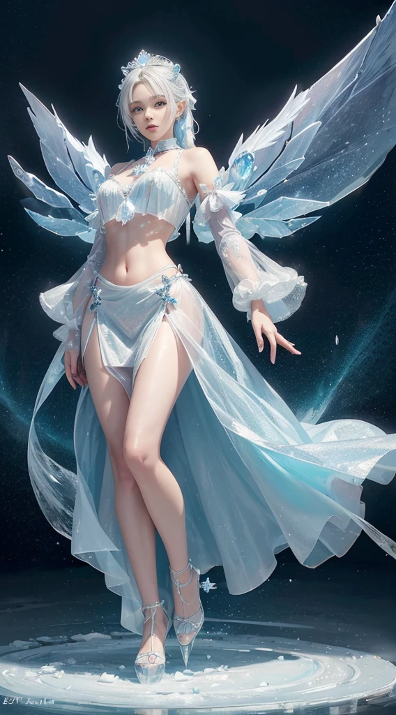 profile、8K、realphoto、超A high resolution, Master Parts, Best Quality, nffsw , cinematic images,Lovely girl、ann、16 only、annグロサクソン、二重まぶた、drooing eyes、Very big eyes、Eyes purple、Dark eye shadow、The lips are very thin、The tip of the nose stretches beautifully...............、small nostrils,,,,, ighly detailed , Silver hair、Straight short hair、ssmile、 Sweet look 、a very beautiful woman、legs are long、 Very clear shadows , jewely , A sexy , A detailed eye, very intricate, shiny skins , パーフェクトブリリannト, Perfect Lighting, Dramatic shadows、White tiara on head、Gold necklace around the neck、White aristocratic dress with gold embroidery、Glass High Heels、Angel White Wings