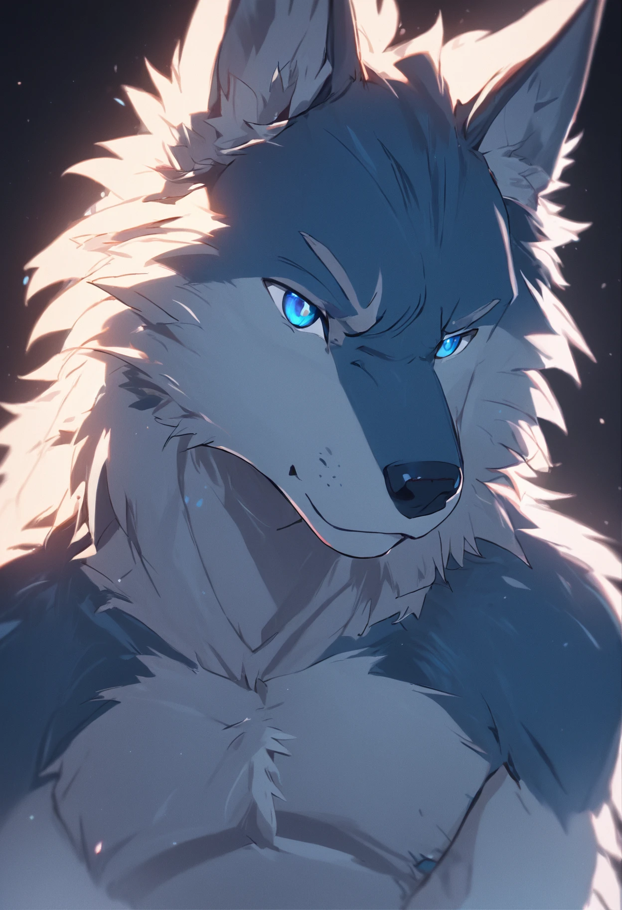 4K, high resolution, Best quality, Masterpiece, perfect colors, perfectly shaded, Perfect lighting, posted on e621, (by Chunie), Furry, anthro, Furry art, ((Portrait)), Male wolf, gray wolf, (two-toned fur), hairy bodies, Blue eyes, (Seductive look:1.2), fit body, perfect male figure, Wear men's shorts,Abs,musculature,Detailed fur, Detailed face, Perfect face, (The stands up), Detailed background, ((Bonifasko lighting)), Wolf tail, (Detailed eyes), perfect pupils