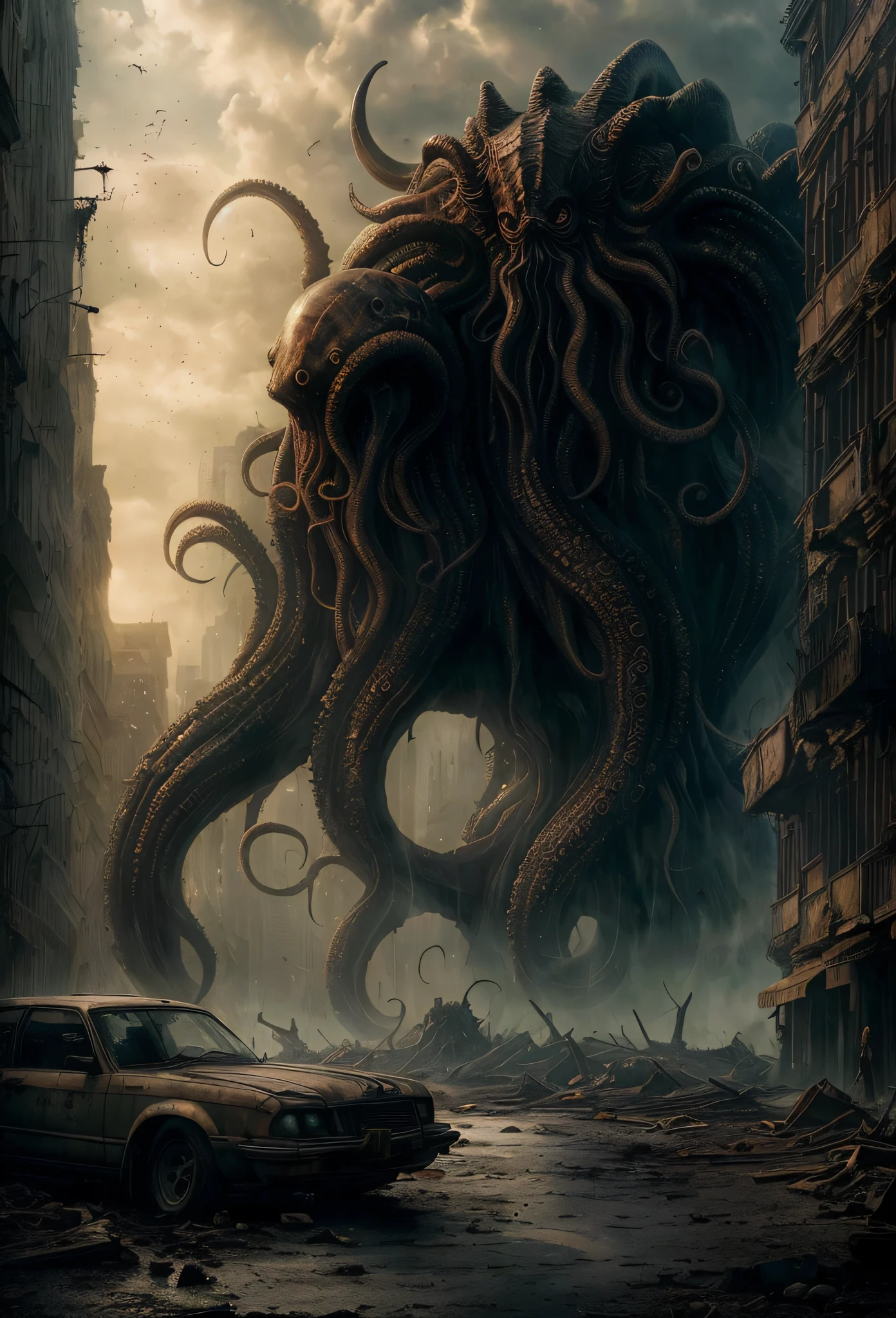 ((La mejor calidad)), ((Obra maestra)), ((Entintado)), majestic intricately detailed soft oil painting by jim lee, Primer plano, (Gigante imponente monstruo malvado Cthulhu:1.2), cara de calamar, smooth translucent skin, Subsoil Scatter, detailed pale eggshell sickly wet skin, tentacle fingers, Dirty embroidered robes torn office, terrible, en una vasta calle oscura y destruida de la ciudad, Edificios en ruinas, monstruos por todas partes, escombros, Naufragios, Post Apocalyptic, regio, horrible, (retroiluminado:1.3), Altas Resoluciones, Profundidad de campo, (Sombras profundas:1.2), High detail, foco nítido, Suave, aspereza, vida real, retroiluminado, Fotorrealismo, Cinematographer, Película cinematográfica Still from the void|extranjero|La ciudad que se hunde