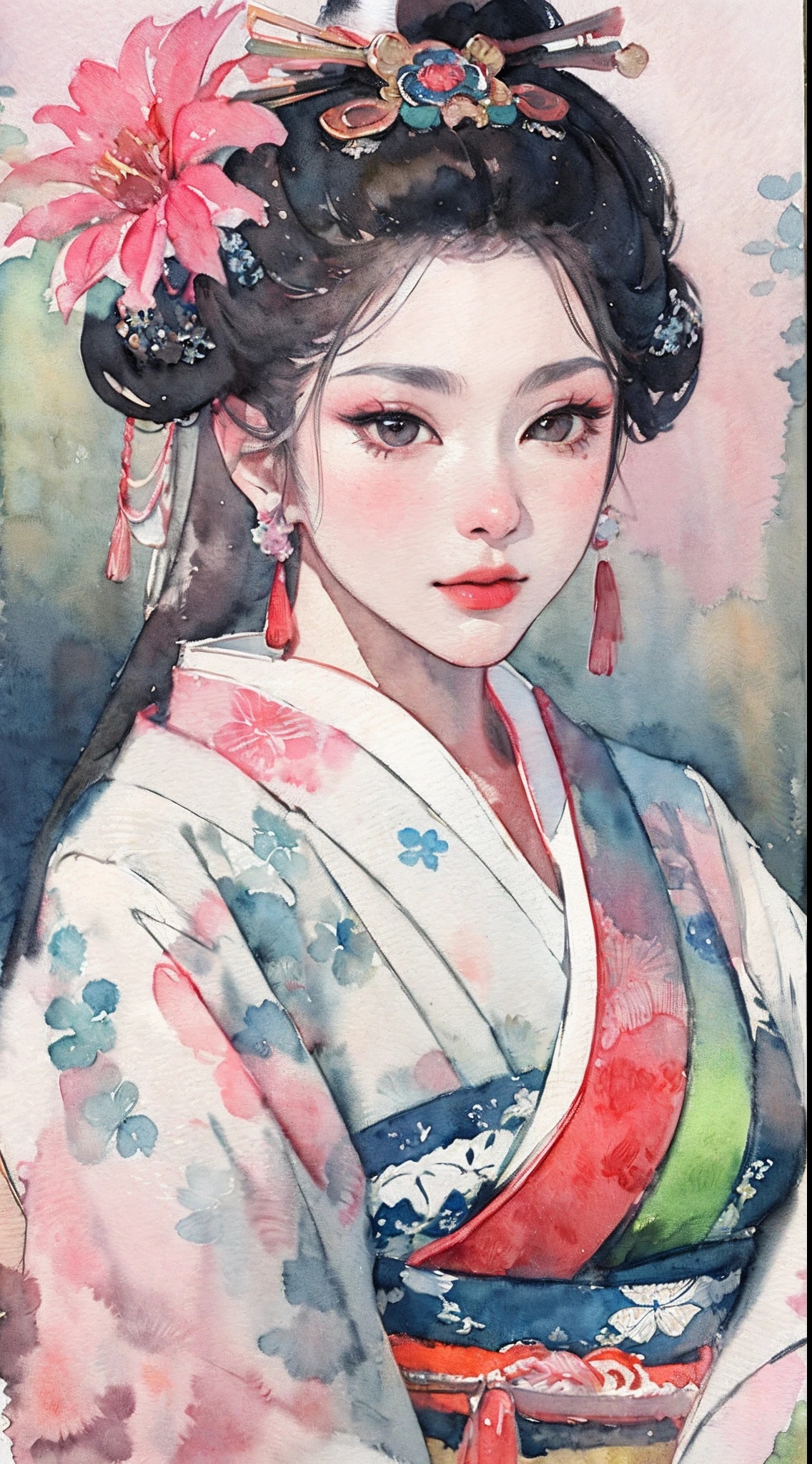 (masterpiece:1.2, best quality), (very detailed face, real picture, realistic skin, realistic body, intricate details), solo, 1milf, casual,ukiyo-e, (Watercolor:1.3), Oiran,