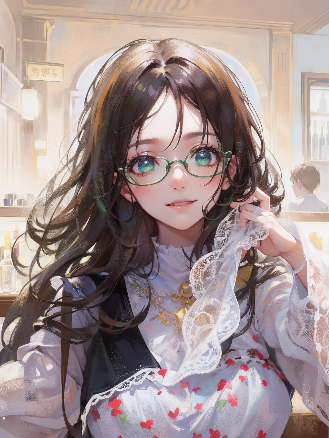 (Masterpiece), (Best quality), 超高分辨率, Sharp focus, ((1 woman, Solo)), (in the bar), (in the night time:1.2), Upper body, medium to long shot, MLS, Beautiful detailed hair, Chestnut brown hair, Long hair falling down, Detailed glasses, ((Beautiful eye shape, Green eyes)), Beautiful detailed face, perfect feminine face, Comfortable face, Look at the viewer, Smile - original style