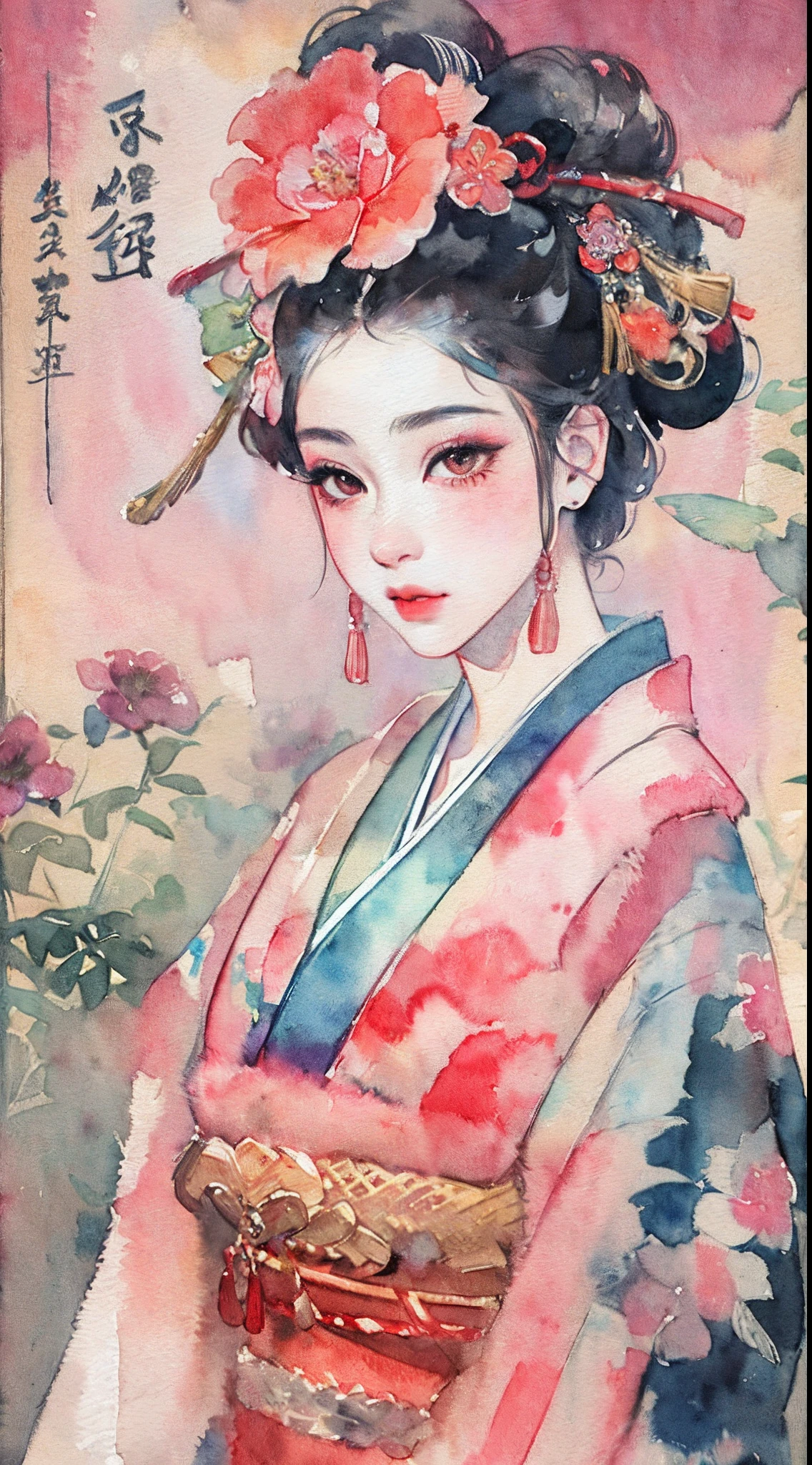 (masterpiece:1.2, best quality), (very detailed face, real picture, realistic skin, realistic body, intricate details), solo, 1milf, casual,ukiyo-e, (Watercolor:1.3), Oiran,