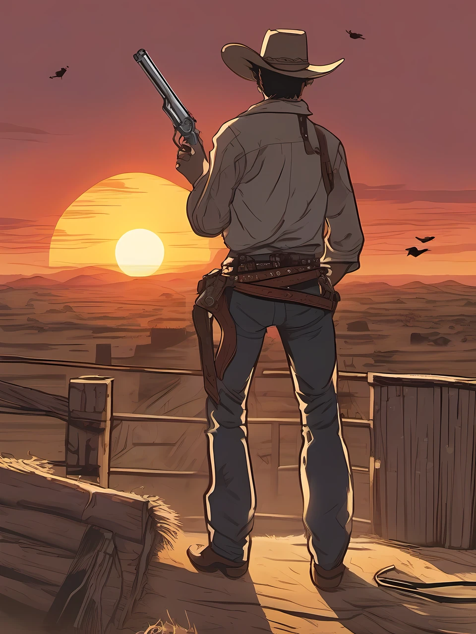 Illustration of the back of a cowboy holding a revolver-style pistol facing the setting sun、A handgun is held at the cowboy's waist.、Sunset、Sinking towards the horizon、Big sunset、Western town background、Dusty、The wind is blowing、