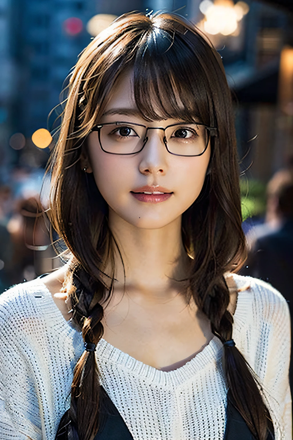 (8K、RAW photography、top-quality、tmasterpiece:1.2)、(hentail realism、Photorealsitic:1.37)、ultra - detailed、超A high resolution、1 rapariga、see the beholder、beautifull detailed face、A smile、shrinks、(Slim waist) :1.3)、white summer clothes、beautiful detailed skin、Skin texture、Floating hair、Braided hair、Professional lighting、Downtown at night、((black square glasses )) 、full bodyesbian、Brown hair