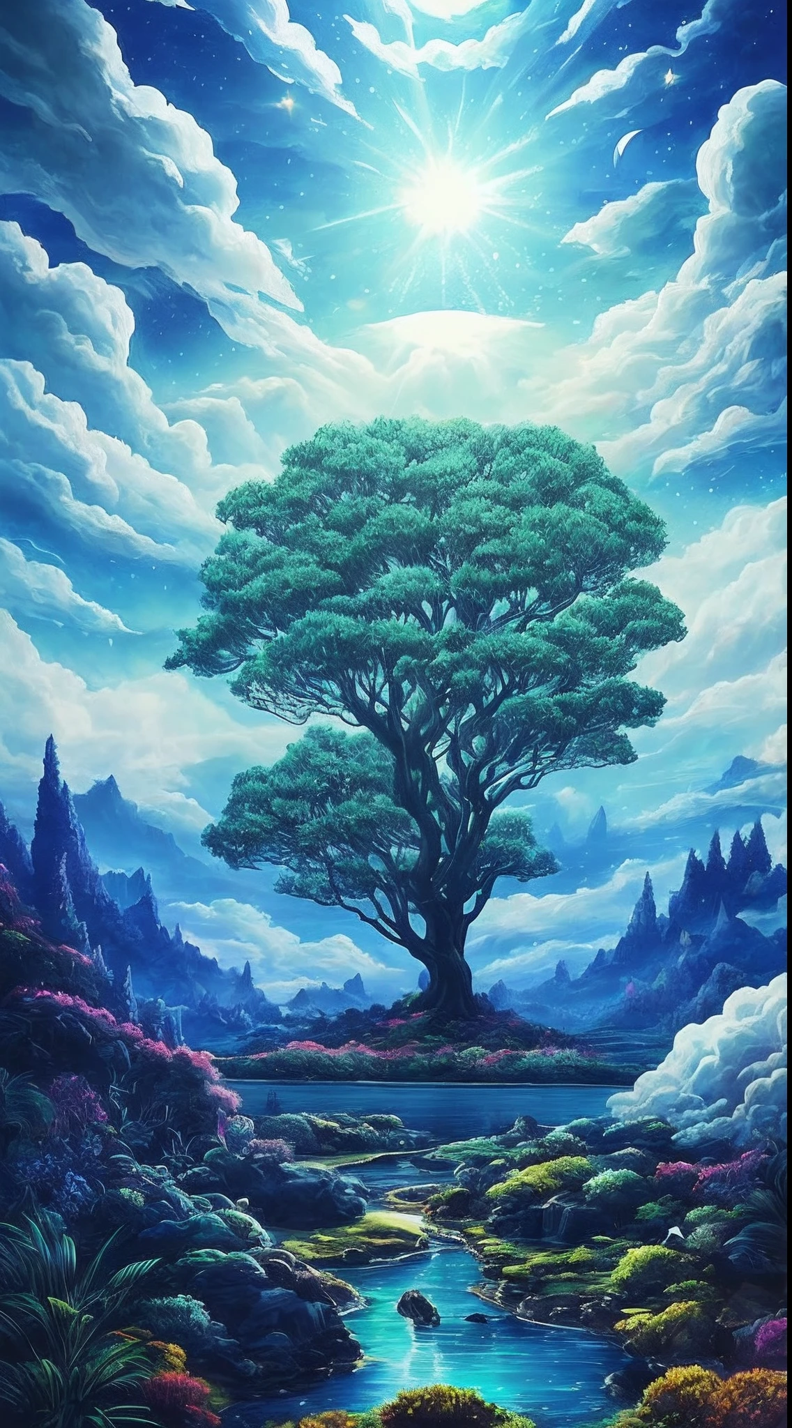 A surrealist one、Otherworldly、Illustration of the super sky scene，Including a huge crystal tree all over the body、Very detailed and magical lighting、Intricate autumn forest details、Vegetation and surrounding rivers、Solar punk、scenecy、giant tree、Beautiful green leaves、Beautiful lighting and realistic proportions，As if it were a movie backdrop，8k，HighestQuali，tmasterpiece，Clouds and stars in the sky。