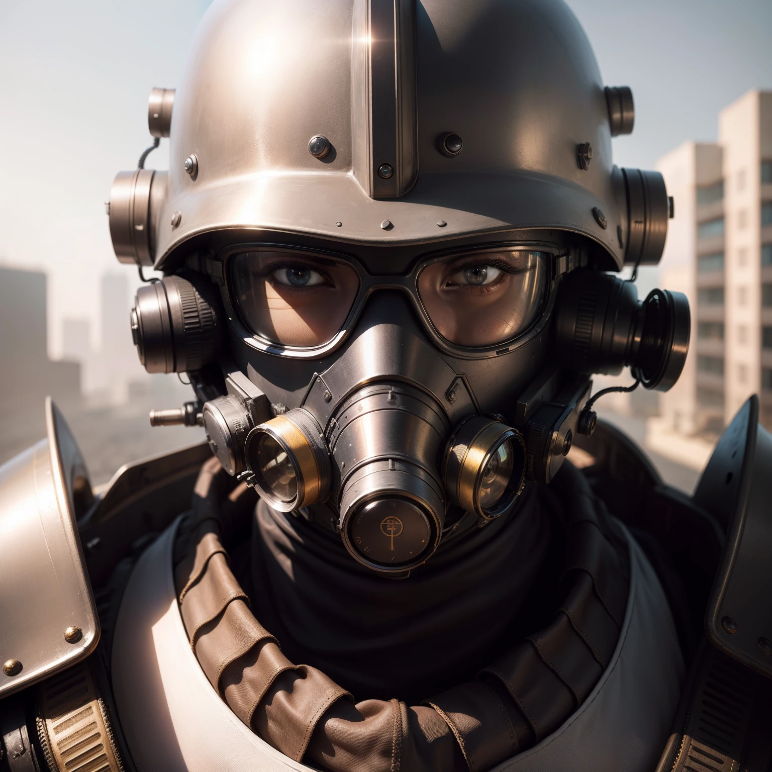 Best quality, masterpiece, (photorealistic:1.4), RAW photo, 8k portrait close-up of a futuristic helmet with mask, eye protection heavy industrial sunglasses and filters for polluted air in nose and mouth. Made of plastic and metallic materials. Intricate and complex construction.