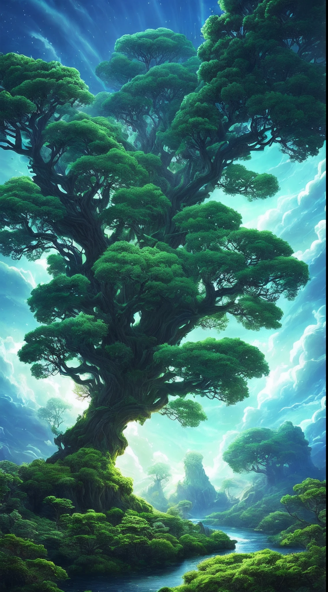 Illustration of a surreal, otherworldly, hyper sky scene including a giant crystal tree full body, highly detailed and magical lighting, intricate forest details, vegetation and surrounding river, solar punk, landscape, giant tree , beautiful green leaves, beautiful lighting and realistic proportions, as if this is a movie background, 8k, highest quality, masterpiece, clouds and stars in the sky.