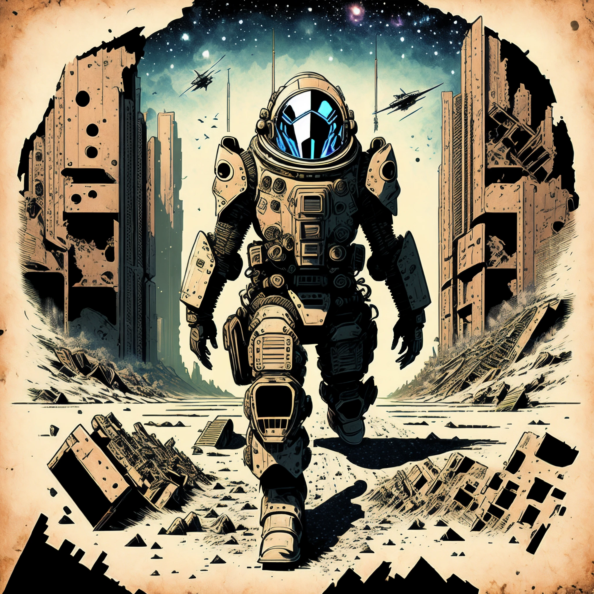 Future wars,One person in front,Individual exoskeleton armor,Urban wreckage,Space battleship down,Desolate,Tomato novel logo