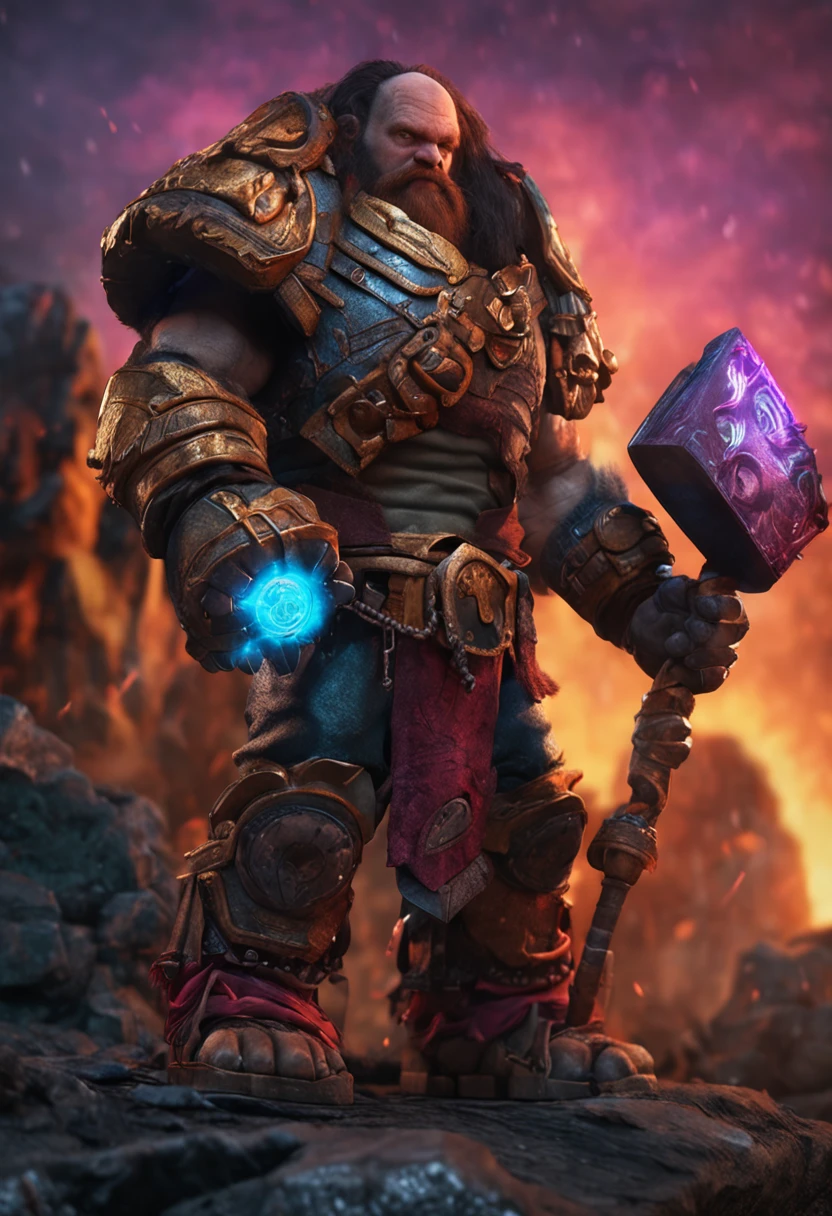 Dwarf with fiery eyes, With a giant magic hammer, metal skin