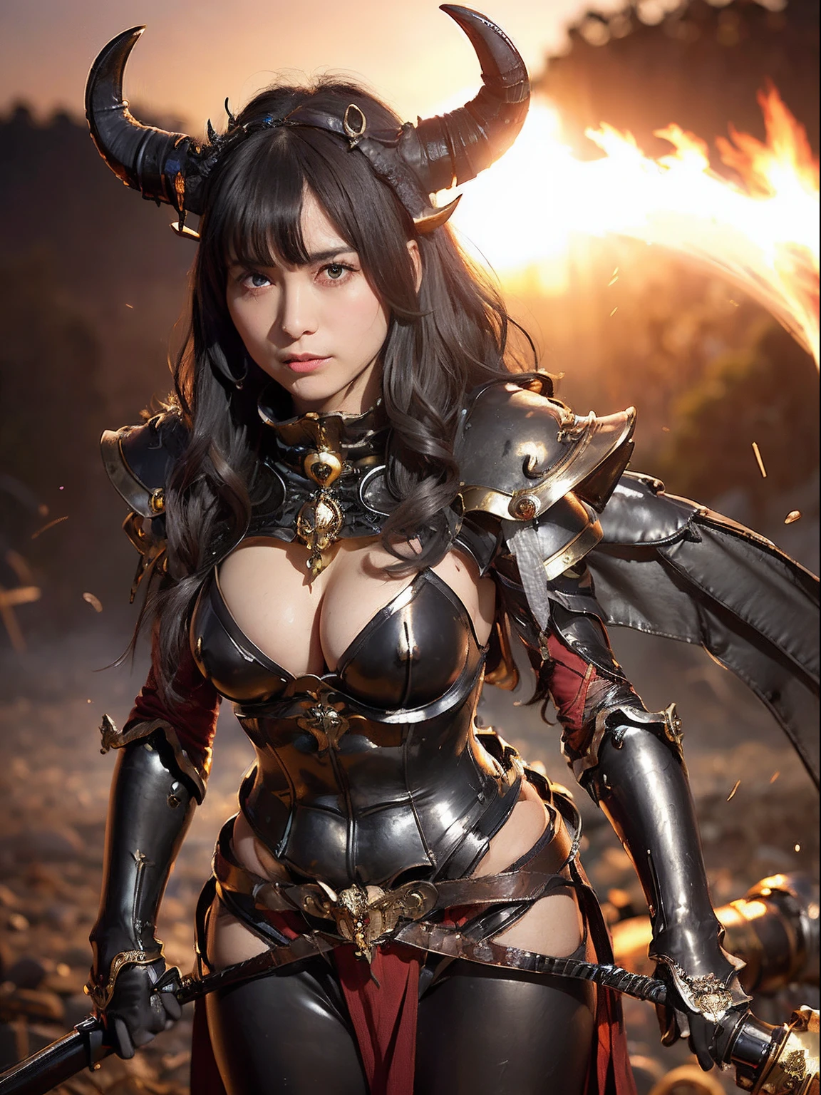 Professional , ​masterpiece、top-quality、photos realistic , depth of fields 、(A dark-haired) 、（Gemstone White Metal Body:1.4),(Matte Black、Jewel Gold Weapon、（maikurobikini）,Gorgeous metal weapons ,Particles of light、（Fight dragons）、（Black wings）、（（ Detailed and gorgeous sword of the brave）） ,Light Effects、intense fighting、Wind-effect、magic circles、 (A dark-haired)  ,Fight soldiers with skeleton armor ,Detail and ornate jewel crown、With the legendary magic wand、Dragon's tail、explosions、（（maikurobikini））、（（Gangle's forest background））、Beautiful Caucasian beauty、１a person、dynamic ungle,(((Details of the two demon horns on the head)))、Smaller head、A smile、Background inside the castle、Thin and beautiful female hands、cleavage of the breast、Soldier in iron armor on background、Mystical expression、Light Effects、Wind-effect、With the legendary magic wand、（wingspan）、Toostock、Anatomically correct body、