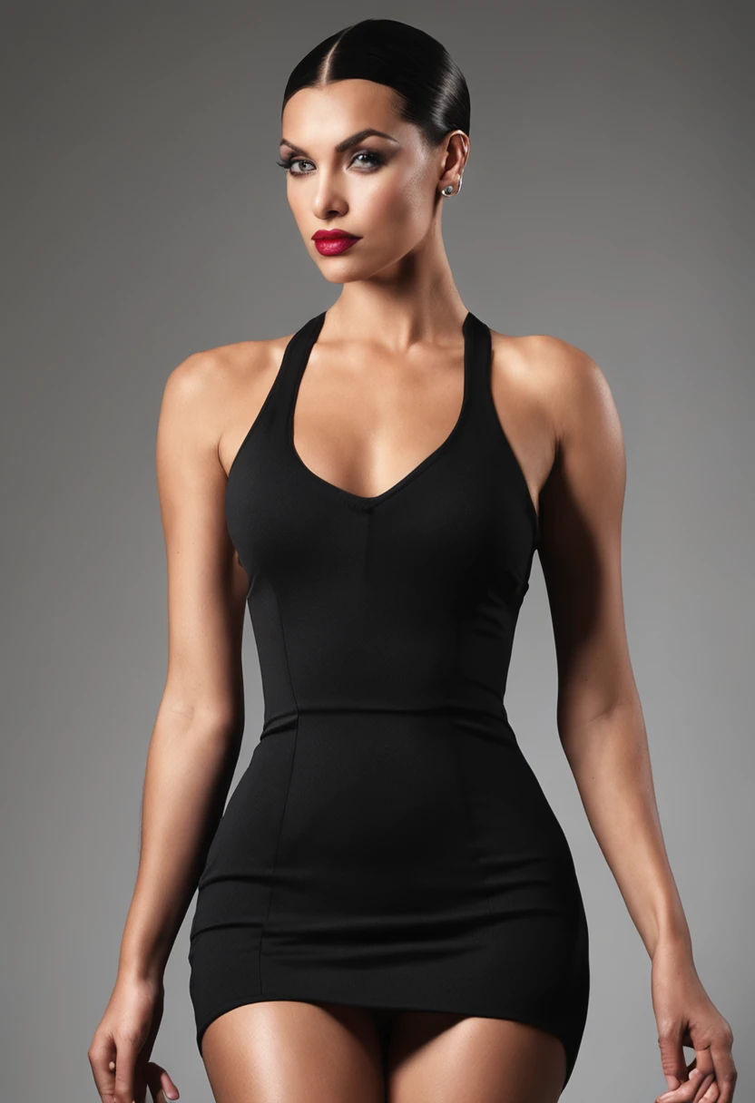 arafed woman in a black dress posing for a picture, wearing a tight black dress, wearing a black dress, wearing black dress, she is wearing a black dress, skintight dress, tight dress, she is wearing a black tank top, black dress, gorgeous young model, beautiful woman in a black dress, skintight black clothes, wearing a dark dress