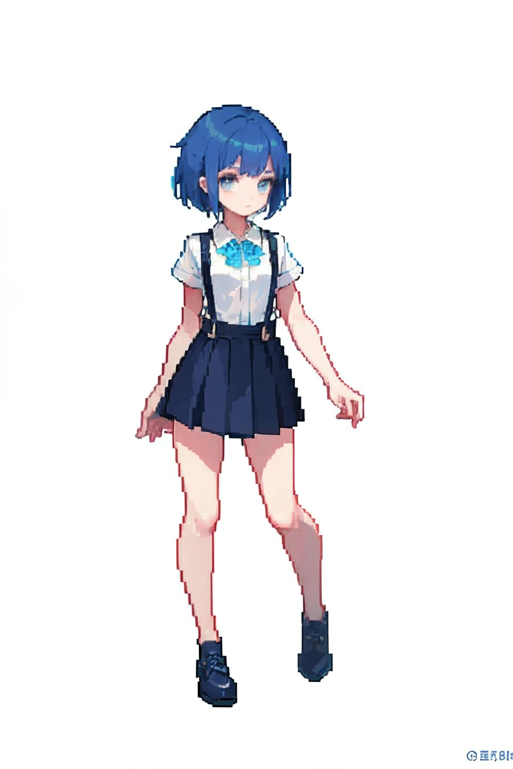 (Masterpiece, Top Quality, Best Quality), Pixel, Pixel Art, 1girl, Full Body, Suspenders, Short Skirt, Bluehaired Girl, Pretty