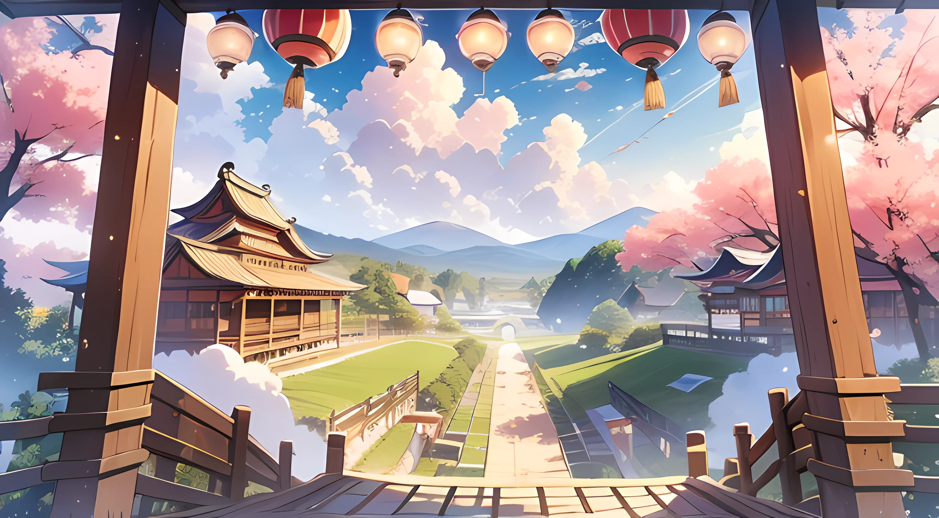 masutepiece, Best Quality,Illustration, Wallpaper, Ultra Detail, absurderes, matsuri、atmosphere、Beautiful scenery , luminous sky,(a panoramic view:1.3),(Sense of depth:1.5)、Summer Festivals、countryside