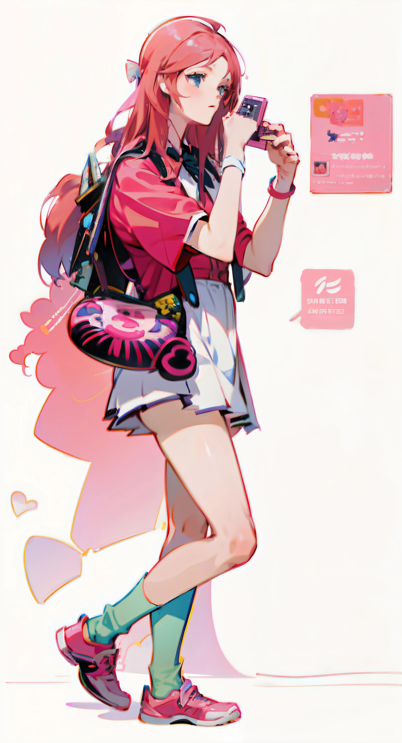 Anime girl walking and holding cell phone with pink hair and backpack, anime visual of a cute girl, anime full body illustration, Kushatt Krenz Key Art Women, cushart kenz, pixiv 3dcg, at pixiv, cushart krentz, Pixiv style, full body commission for, Splash art anime 