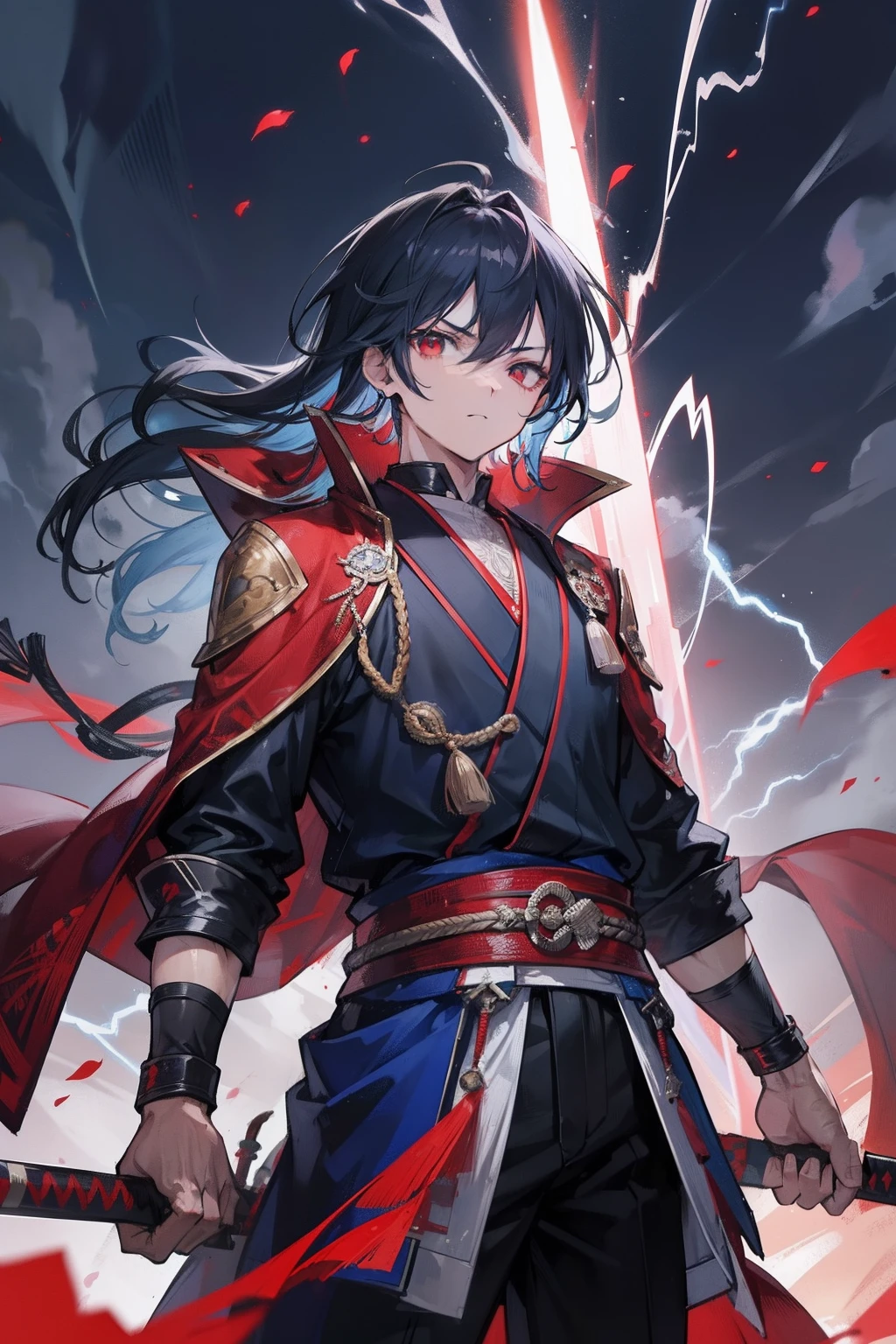 Male ，cabelos preto e longos，Red-eyed teenage man，nigh sky，AB，Dark blue jacket，Hakama，Aoba Ori，Holding a huge blood-colored weapon in one hand，A Japanese style，Intimidating，Assassin，Sword，wall-paper，CG compositing，Japan best swordsman、action、Glowing eerily with lightning、worn-out、Wallpaper 8K