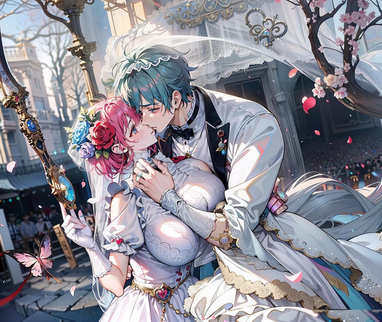 anime big breast, A man and a woman hug in a wedding dress, 8K)), romanticism art style, Guviz, very magical and dreamy, anime wallaper, Guviz-style artwork, official fanart, Anime Pictures, Beautiful anime, kissing together cutely, Guweiz in Pixiv ArtStation, [ 4 K digital art ]!!