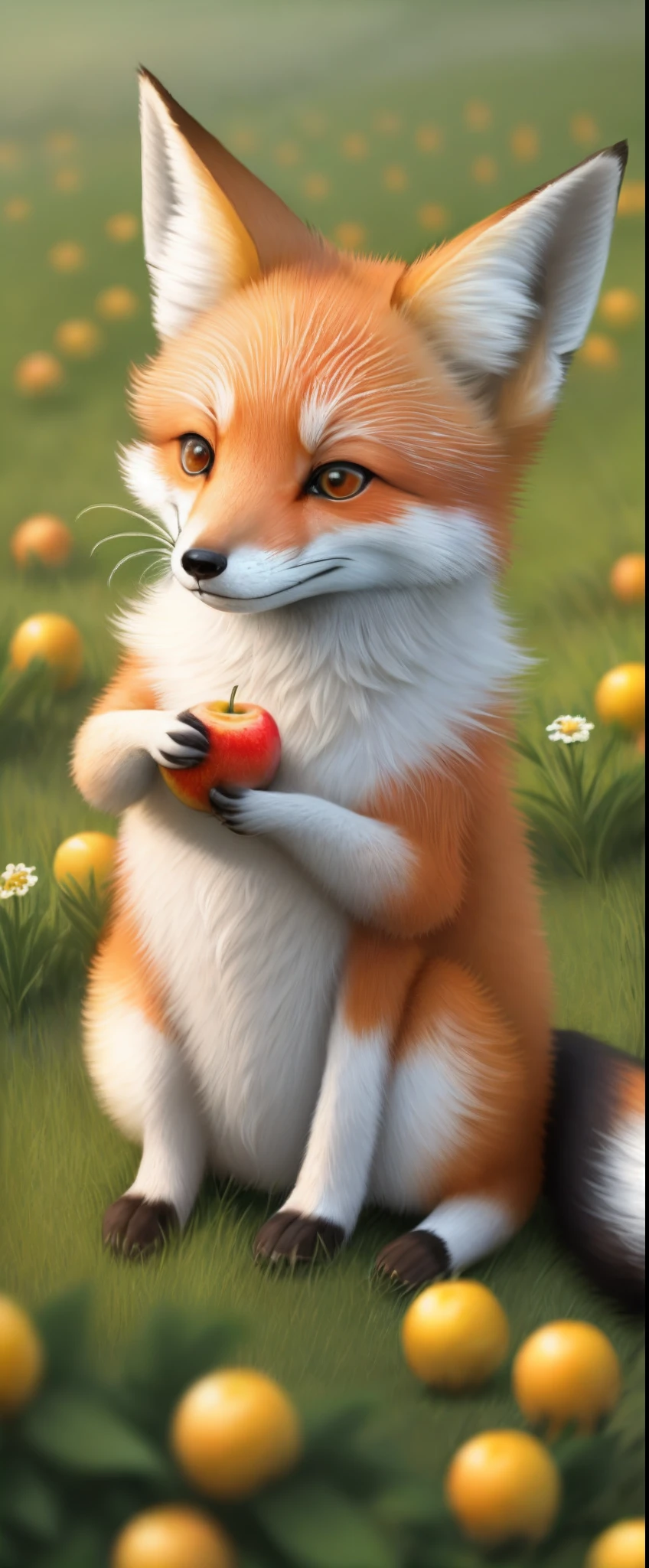 Little fox picking fruit in the meadow