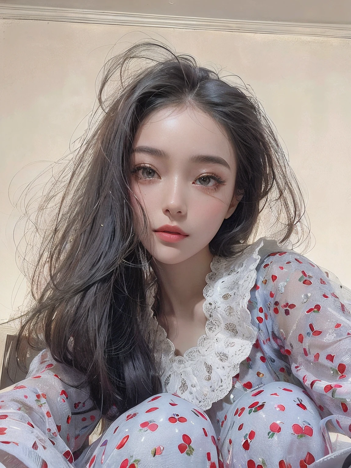 1girll,(enchanced quality:1.4),(Top quality true texture skin), Delicate face,Black hair, Gradient hair, Petite body,(perfect bodies:1.1), There are precious stones on the forehead, rimless eyewears, Sparkling pupils,long eyelasher,grin, hyper photorealism, Cinematic lighting, projected inset, surrealism, hyper HD, Masterpiece, 16k,Lie down,dream on,Wear transparent silk pajamas,Carmelto,Legs slightly open,Tattooed with,Fantasy space,Luxurious space