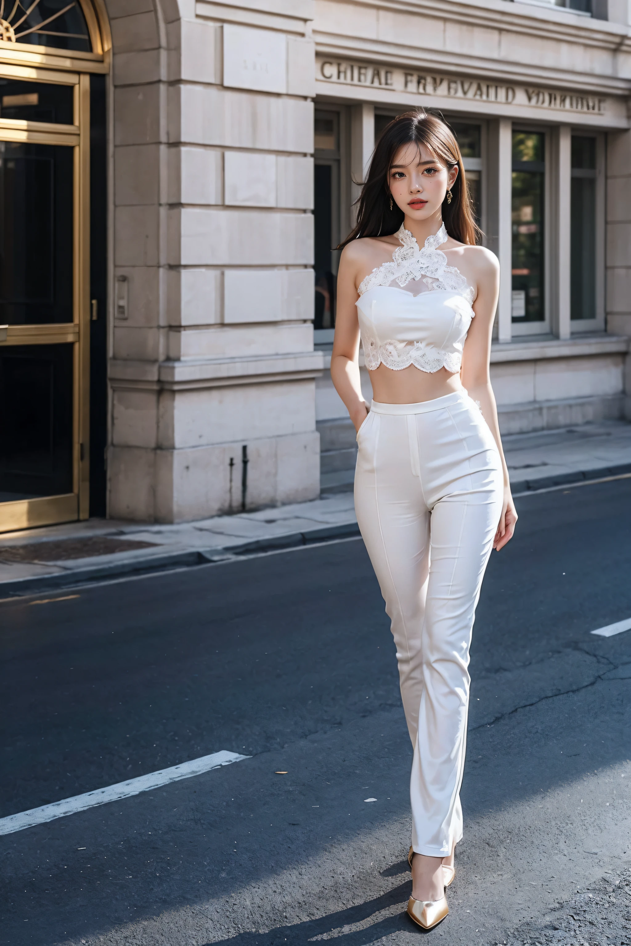 arafed woman in a strapless crop top and fitted pants standing in front of a building, formal attire, intricate and detailed lace set, wearing an elegant outfit, full body full height, cindy avelino, full - body - front - shot, cutout, jumpsuit, sheer, wearing off - white style, sha xi, white lace clothing, gold accessories, full-length view, white tight clothes
