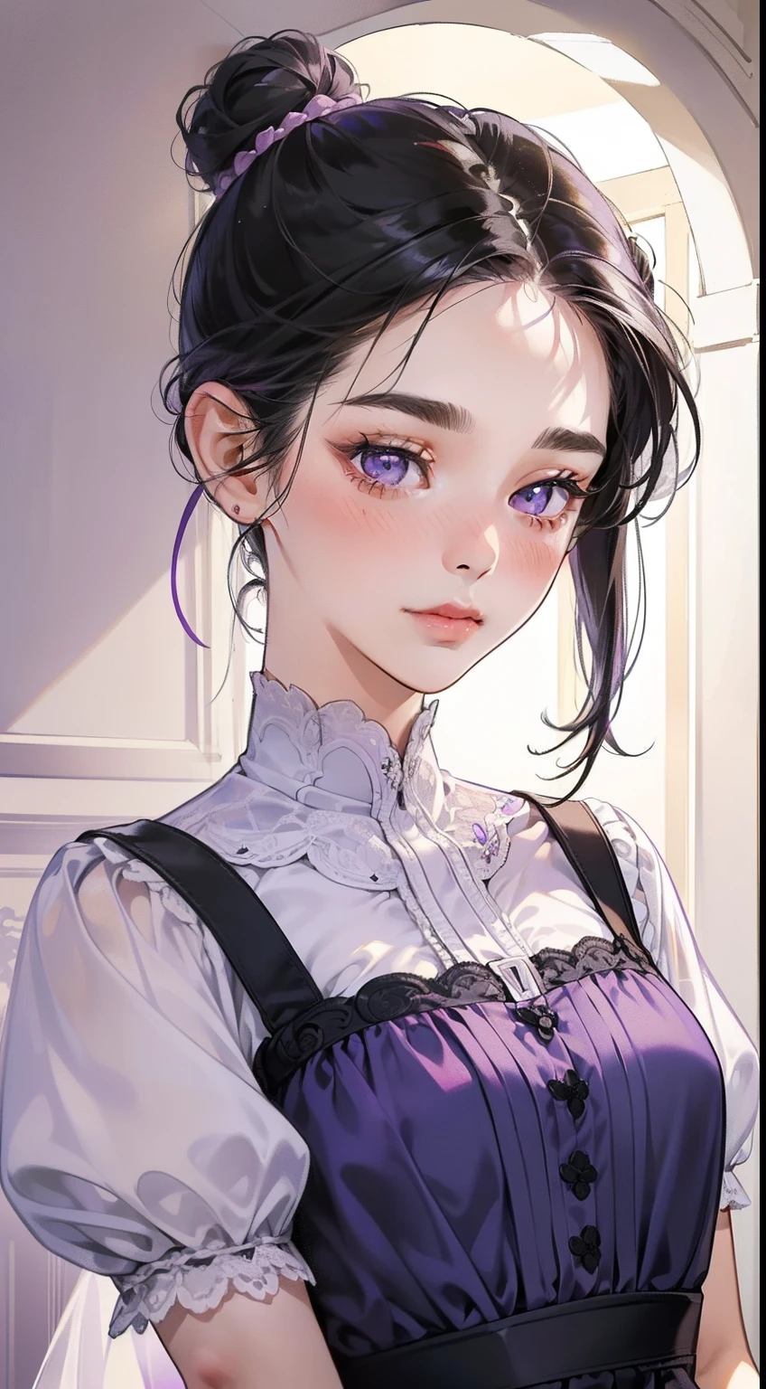 masterpiece, best quality, realistic, mature female, cute, , closed mouth, portrait, extremely detailed face, soft smile, (dark purple eyes), ((with single black hair bun), ((front bangs hair)), [thin eyebrows], ((light violet dress)), no makeup, light smile, ear blush, light blush, short eyelashes, 4k, school