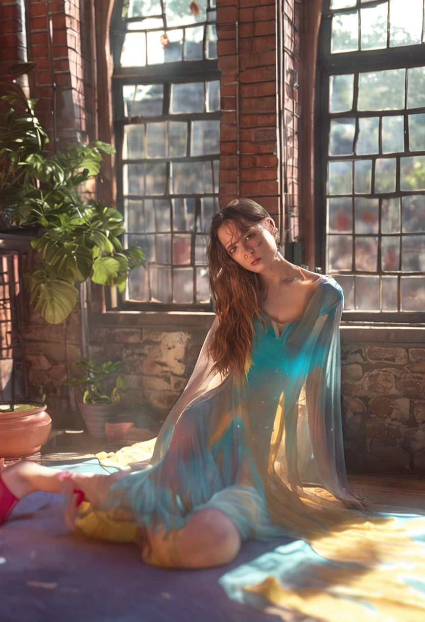 In one room,A beautiful teenage girl in a sexy swimsuit,Sunlight shone on her through the window,She played freely in her room。