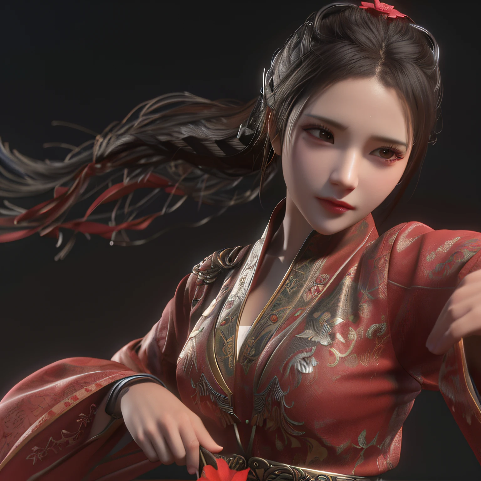 The Araved woman in a red dress holds a knife and a red flower, 3 D rendering character art 8 K, unreal engine character art, Art germ ; 3d unreal engine, unreal engine rendered + A goddess, Rendu portrait 8k, chengwei pan on artstation, cgsociety uhd 4k highly detailed, ross tran and wlop, ((Slender fingertips))