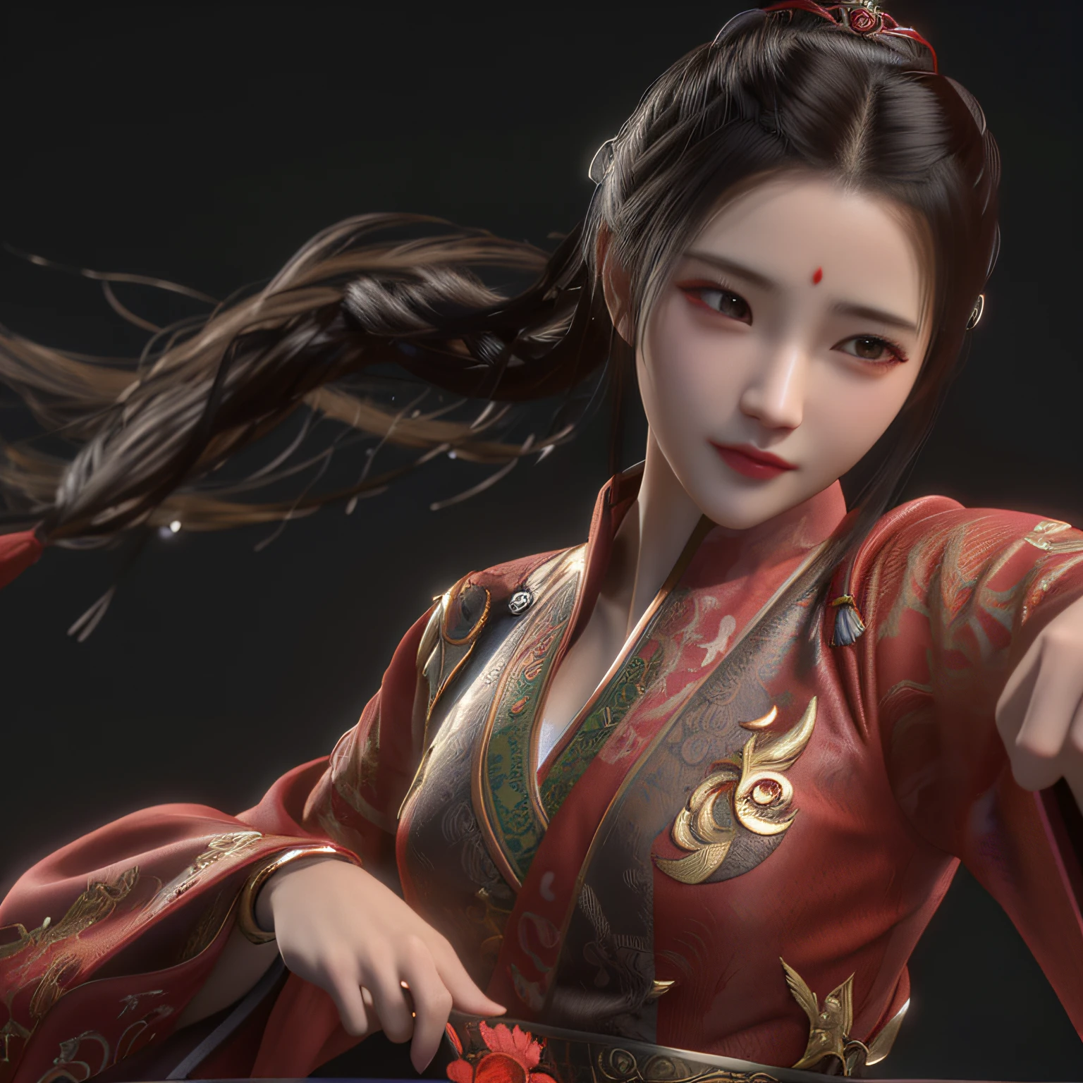 Oriental woman in red dress, 3 D rendering character art 8 K, unreal engine character art, Art germ ; 3d unreal engine, unreal engine rendered + A goddess, Rendu portrait 8k, chengwei pan on artstation, cgsociety uhd 4k highly detailed, Liu Yifei, Zhou Xun, ((Slender fingertips)), Red dots on the forehead, skin pore, Photorealsitic