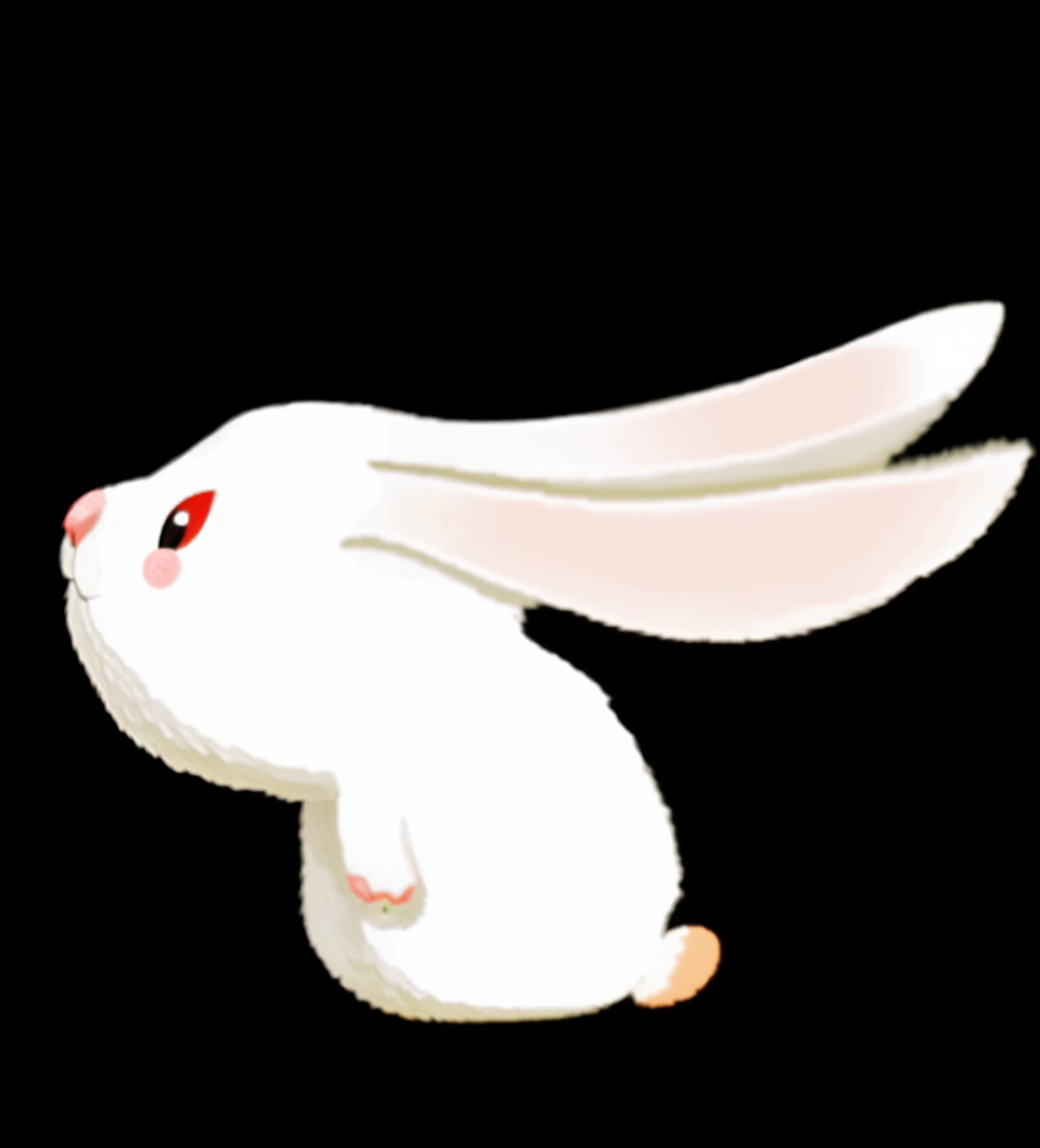 There is a red-nosed white rabbit on a black background, Rabbit, Rabbit_Bunny, White rabbit, half bunny, Anthropomorphic rabbit, with long floppy rabbit ears, Rabbit ears, Long ears