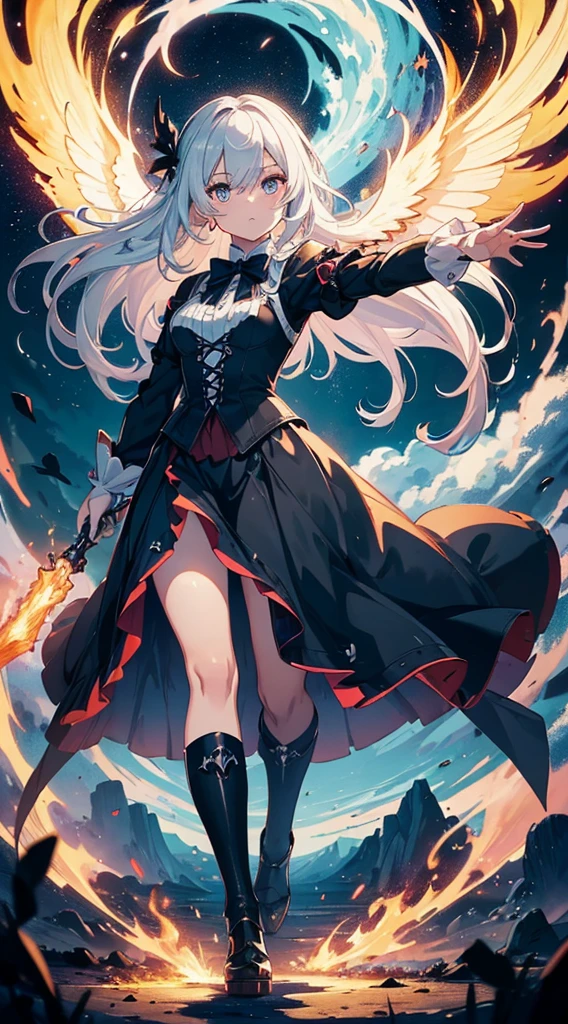 (Full body posing:1.5), (cartoony:1.5), (colorful:1.2), Dynamic angle, (extremely detailed CG unity 16k wallpaper:1.1), (Denoising strength: 1.45), (tmasterpiece:1.37), beautiful detailed glow, (beautiful detailed eyes), (dark magician girl:1.1), big forhead, flower, large top sleeves, Floating ashes, Beautiful and detailed explosion, red moon, fire, Fire cloud, Wings on fire, a cloudy sky, smoke of gunpowder, burning, black dress, (beautiful detailed eyes), expressionless, beautiful detailed white gloves, Dove of peace, (floating cloud:1.2), azure hair, disheveled hair, long bangs, hairs between eyes, black kneehighs, black ribbon, white bowties, midriff, {{{half closed eyes}}}, illustration, god rays, sparkle, glowing light, (((masterpiece))), best quality