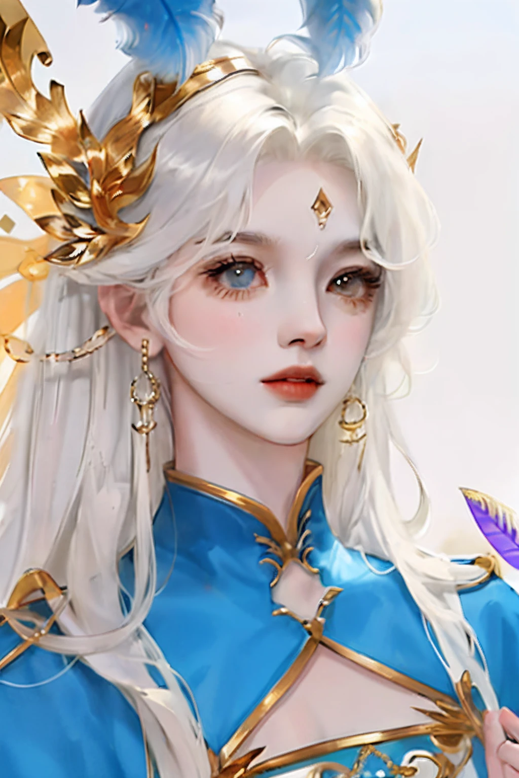 long whitr hair,Royal sister,quadratic element,red colour,blue colors,Feather fan in hand,The eyebrows are a little red