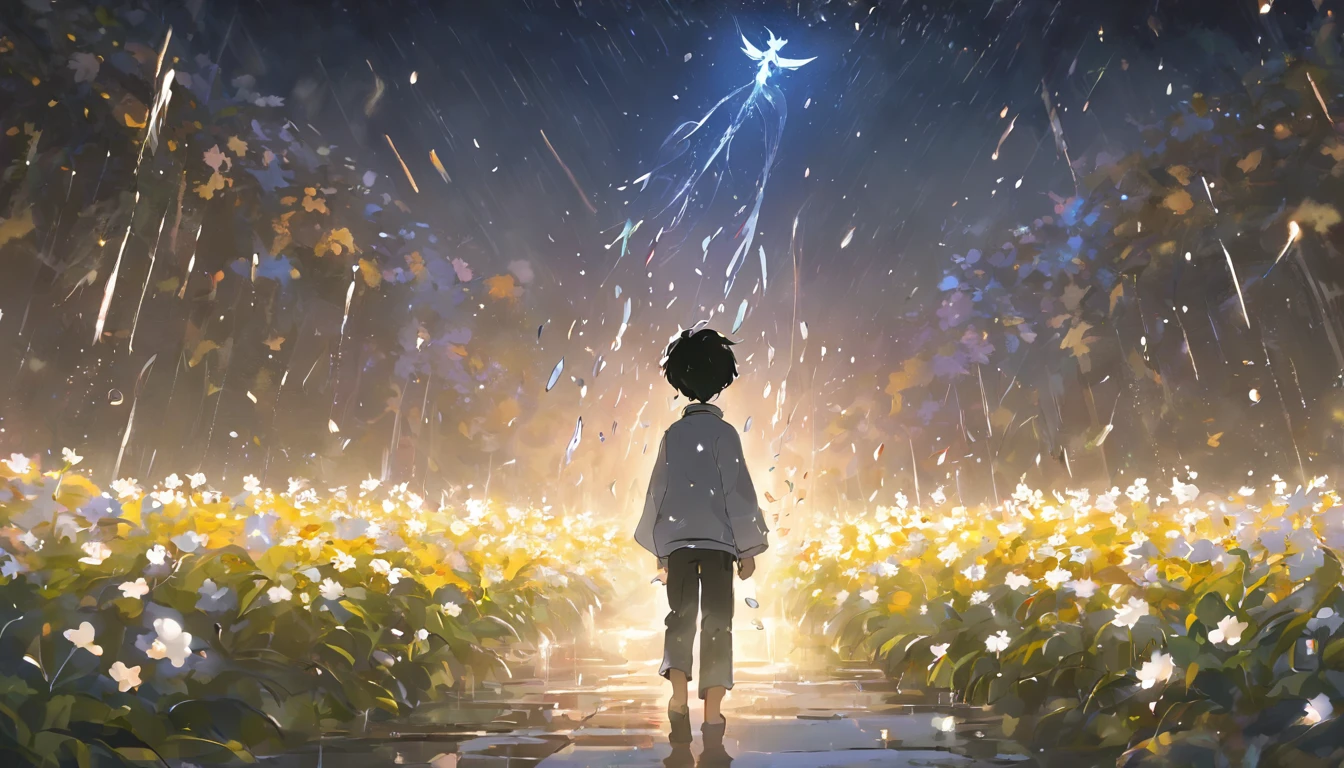 night,rain,building,Blooming flowers flutter in the wind,The boy in the flower,Light white and silver design,Pay attention to the texture of the skin and flowers,Sony FE 12-24mm F/2.8 gm,Impressionist garden,Proficient in calligraphy,eco-friendly craftsmanship,Brush stroke exploration