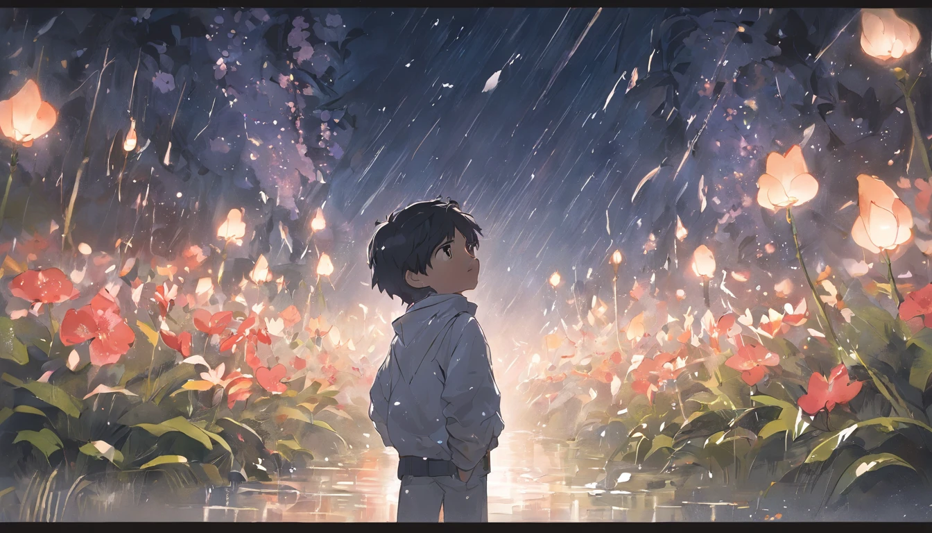 night,rain,building,Blooming flowers flutter in the wind,The boy in the flower,Light white and silver design,Pay attention to the texture of the skin and flowers,Sony FE 12-24mm F/2.8 gm,Impressionist garden,Proficient in calligraphy,eco-friendly craftsmanship,Brush stroke exploration