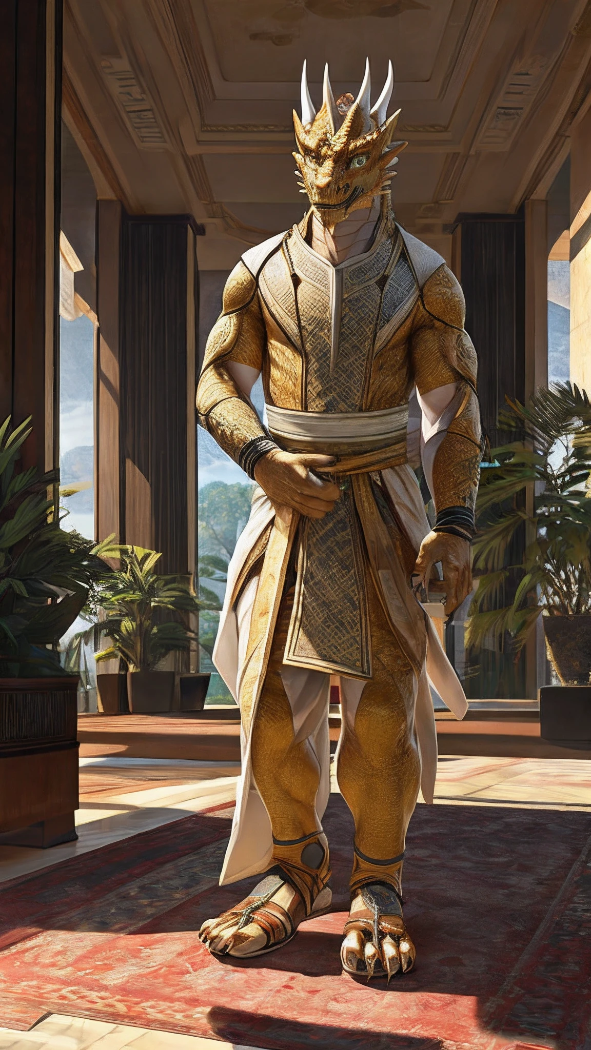 Bionic  dragon，Golden White Dragon，female，White Hanfu，sandals，anthor，Children，Standing on the carpet in the hotel，HD graphics，Detailed and realistic，high detal，high qulity，photo-realistic，photorealistic eye，Detailed paws，Clear eyes，Masterpiece artwork，Five-fingered hands，top-quality，32k，hyper HD