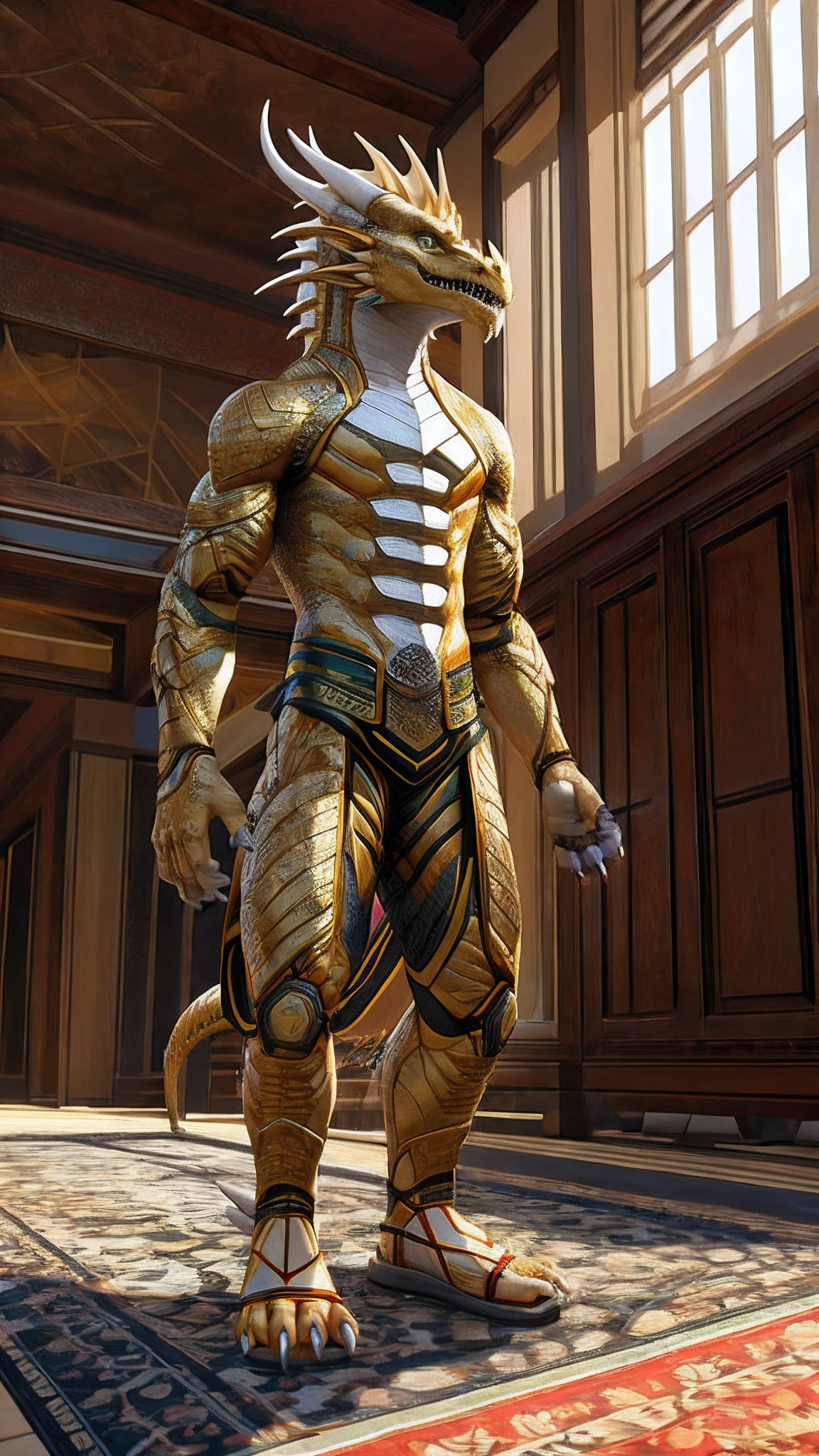 Bionic dragon,Golden White Dragon,female,White Hanfu,sandals,anthor,Children,Standing on the carpet in the hotel,HD graphics,Detailed and realistic,high detal,high qulity,photo-realistic,photorealistic eye,Detailed paws,Clear eyes,Masterpiece artwork,Five-fingered hands,top-quality,32k,hyper HD