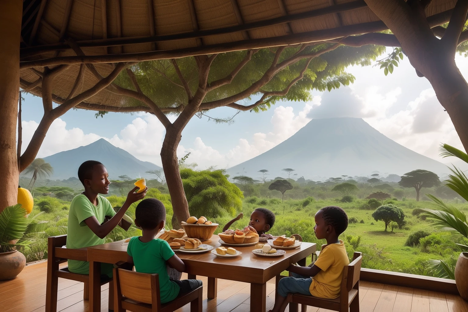 Year: 2019
Country: Tanzania
Description: In the lush greenery of Arusha, a family enjoys a leisurely brunch in a quirky treehouse restaurant. Children delight in homemade pastries, while parents sip freshly squeezed fruit juices, all set against the backdrop of towering acacia trees and the distant Mount Meru.