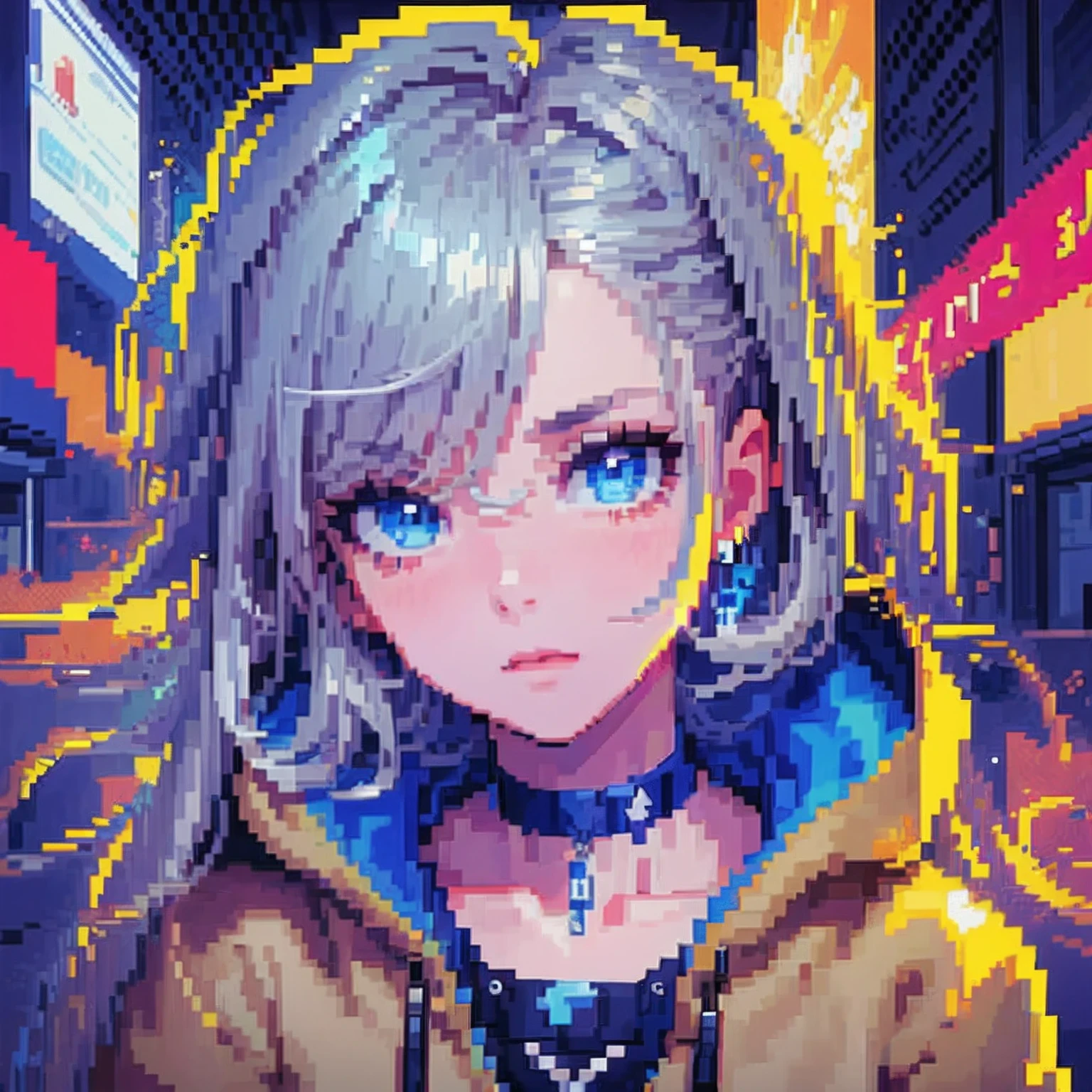 ((The style of pixel art)), pix, 4-bit pixel art, 1 Boys close, Face only, Beige hair, blue hairs, Blue eyes,  choker necklace,Loose hoodie,Black hoodie， Pixel official art, absurd res, view the viewer, solofocus, Dynamic Angle, Head tilt, , Ultra-fine pixel art