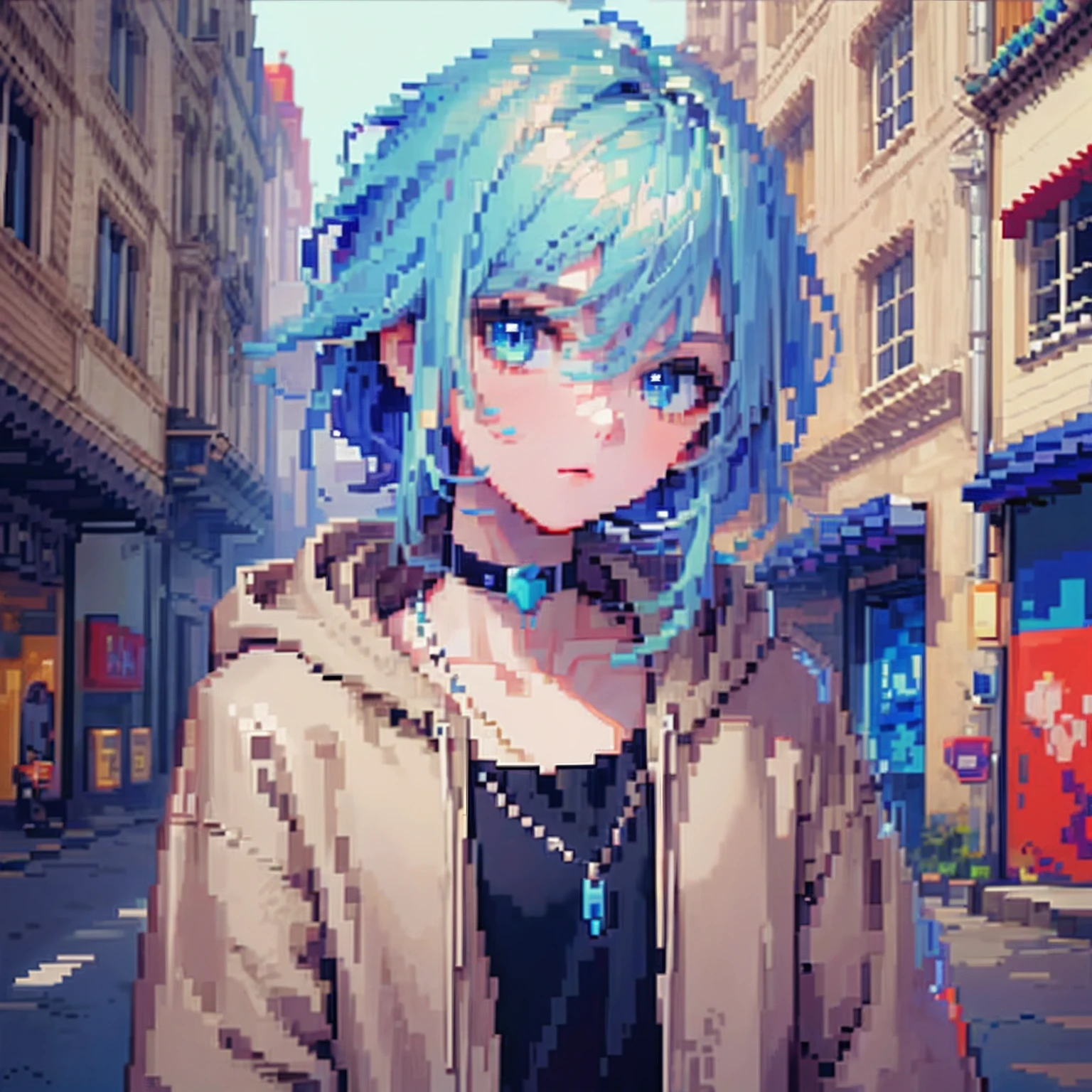 ((The style of pixel art)), pix, 4-bit pixel art, 1 Boys close, Face only, Beige hair, blue hairs, Blue eyes,  choker necklace,Loose hoodie,Black hoodie， Pixel official art, absurd res, view the viewer, solofocus, Dynamic Angle, Head tilt, , Ultra-fine pixel art