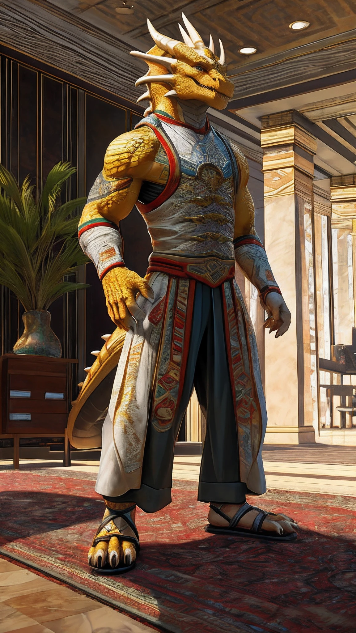 Bionic dragon,Golden White Dragon,female,White Hanfu,sandals,anthor,Children,Standing on the carpet in the hotel,HD graphics,Detailed and realistic,high detal,high qulity,photo-realistic,photorealistic eye,Detailed paws,Clear eyes,Masterpiece artwork,Five-fingered hands,top-quality,32k,hyper HD