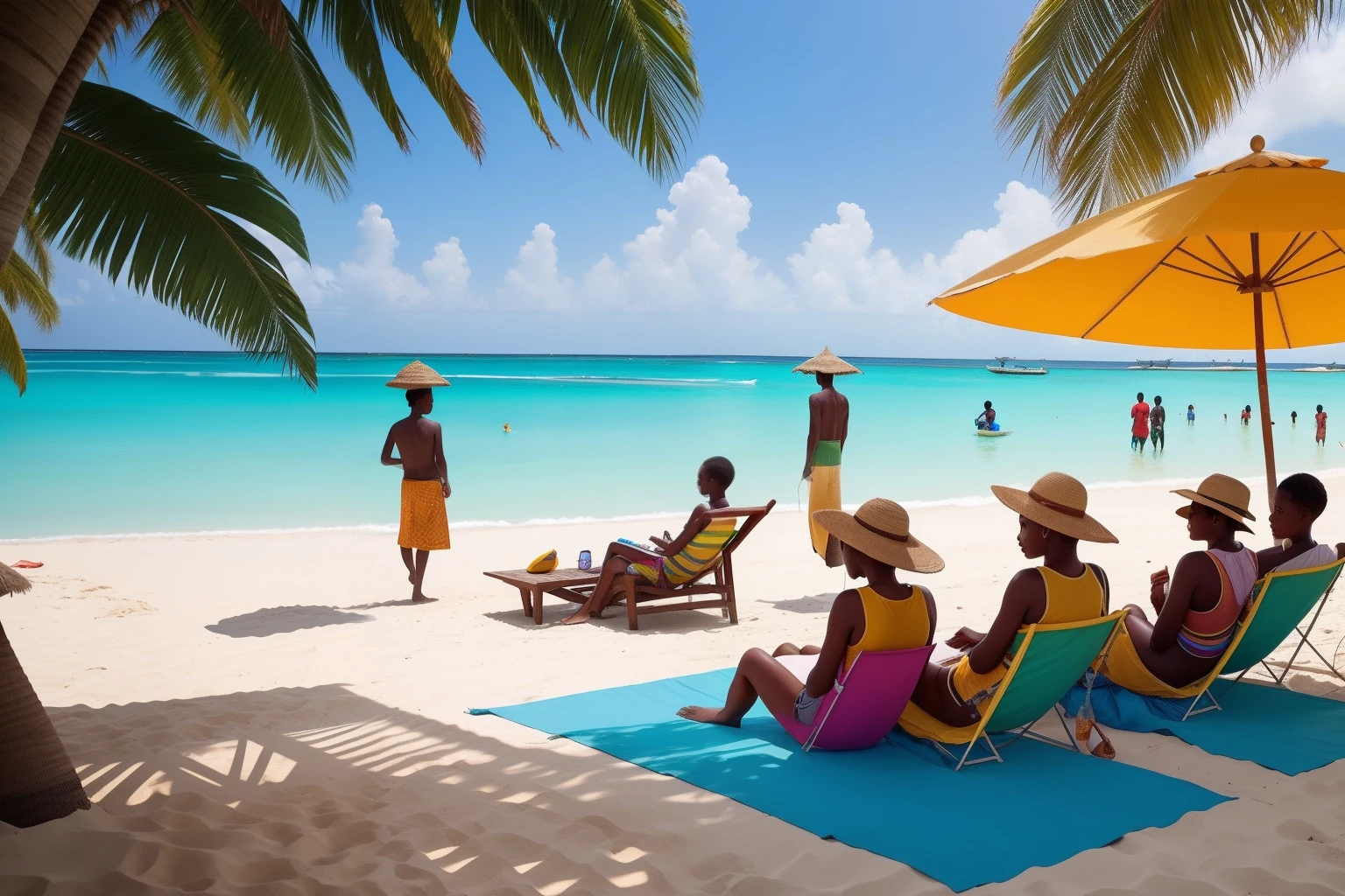 Year: 2021
Country: Tanzania
Description: Along the pristine beaches of Zanzibar, a group of friends gathers under colorful beach umbrellas. Teenagers play beach volleyball, and adults relax on vintage loungers, shaded by oversized straw hats, enjoying refreshing coconut drinks.