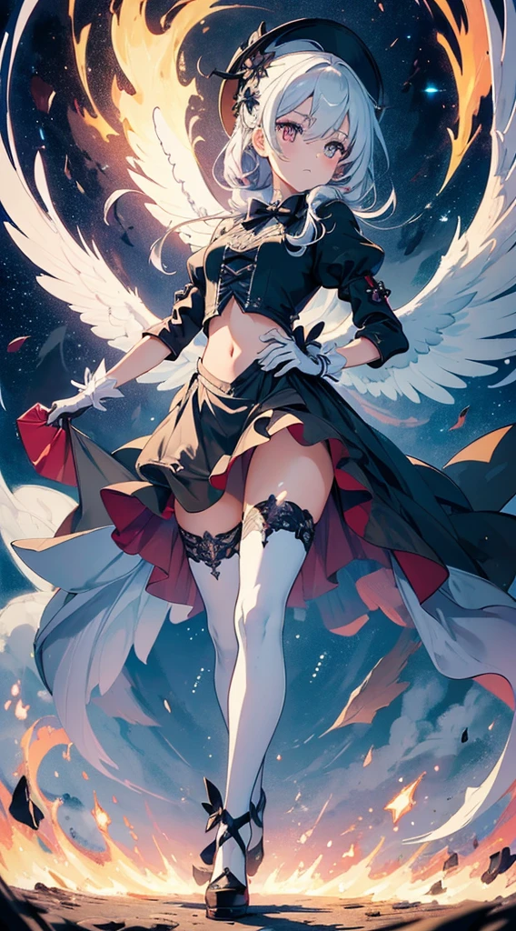 (Full body posing:1.5), (cartoony:1.5), (colorful:1.2), Dynamic angle, (extremely detailed CG unity 16k wallpaper:1.1), (Denoising strength: 1.45), (tmasterpiece:1.37), beautiful detailed glow, (beautiful detailed eyes), (dark magician girl:1.1), big forhead, flower, large top sleeves, Floating ashes, Beautiful and detailed explosion, red moon, fire, Fire cloud, Wings on fire, a cloudy sky, smoke of gunpowder, burning, black dress, (beautiful detailed eyes), expressionless, beautiful detailed white gloves, Dove of peace, (floating cloud:1.2), azure hair, disheveled hair, long bangs, hairs between eyes, black kneehighs, black ribbon, white bowties, midriff, {{{half closed eyes}}}, illustration, god rays, sparkle, glowing light, (((masterpiece))), best quality