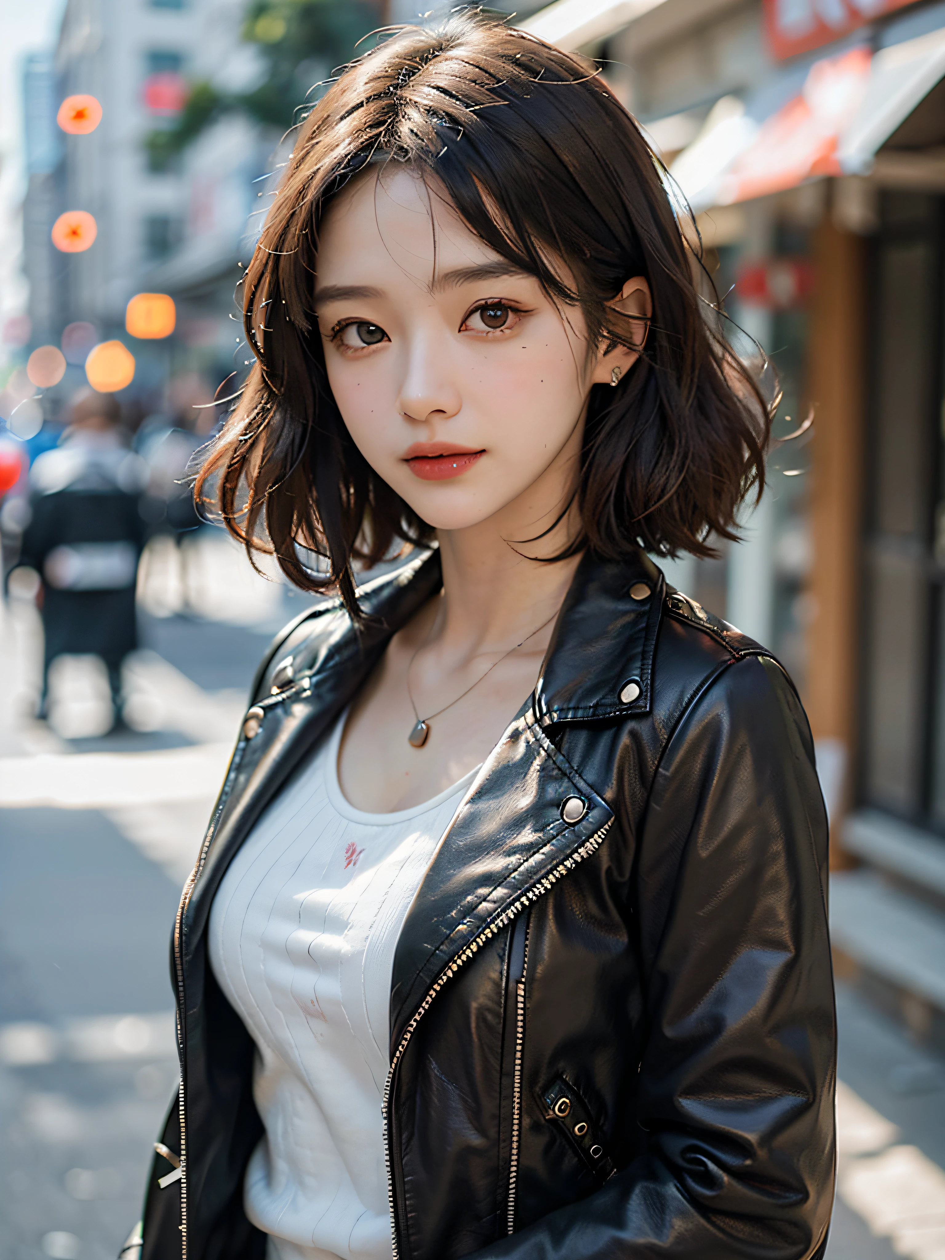 (top-quality、in 8K、masterpiece)、(The best illustrations)、extremely delicate and beautiful、Unity、Amazingly fine detail、超A high resolution、extra detailed face、Superbly detailed eyes、(Best Shadows:1.1)、(photo realistic1.3)、Realistic facial proportions、a handsome female、独奏、(Large breasts)、Slimed、smiling at the viewer、(leather jackets:1.3)、(Tulle tops:1.1)、(JINS)、(makeups:0.4)、dark brown hair、a short bob、(irregular skin imperfections、vein:1.1)、(bokeh dof:1.4)、Walking around the city、Sunnyday