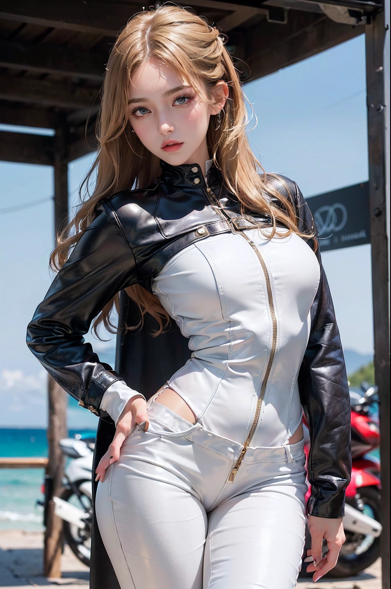 A close up of a woman in a leather jacket and pants - SeaArt AI