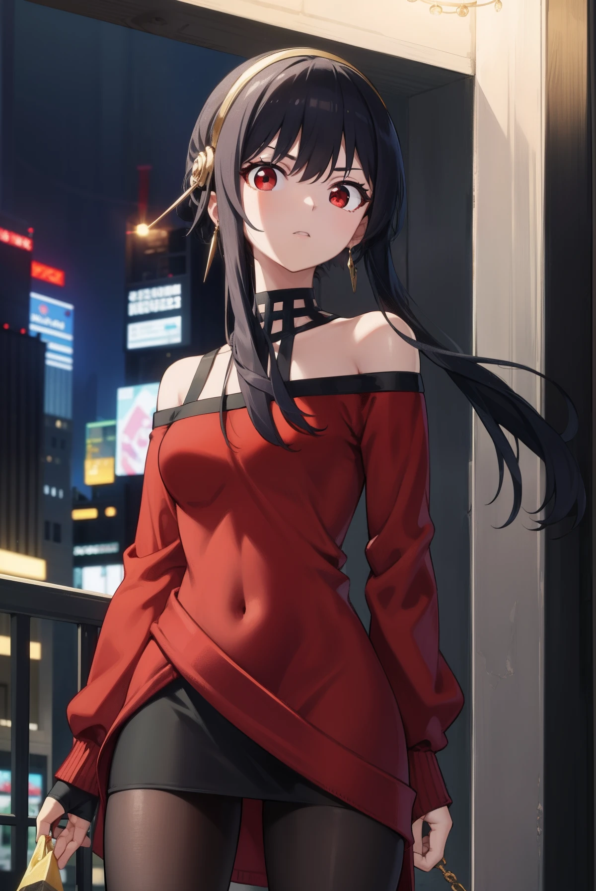 Yobrial, Joel Brier, Black hair, (Red eyes:1.5), Earrings, golden hairband, shairband, Long hair, side locks,
Break bare shoulders, 鎖骨, covered navel, dress, Long sleeves, cropped shoulders, off the shoulder dress, off-shoulder sweater, Pantyhose, Red sweater, Sweater, Sweater dress, Thighs,
BREAK outdoors, City,
BREAK looking at viewer, 
Break (Masterpiece:1.2), Best quality, high resolution, Unity 8k wallpaper, (illustration:0.8), (Beautiful detailed eyes:1.6), Extremely detailed face, Perfect lighting, Extremely detailed CG, (Perfect hands, Perfect anatomy),