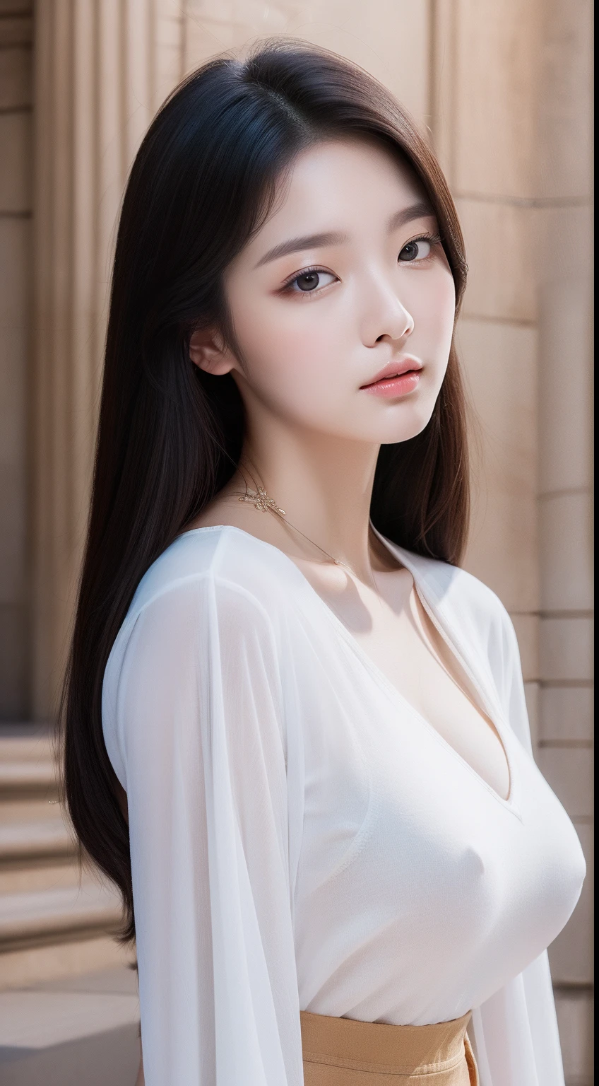 realistic photos of 1 cute Korean star, straight hair , white skin, thin makeup, 32 inch breasts size, wearing v-neck shirt, black skirt, cathedral is backdrop, close-up portrait, rococo style, UHD