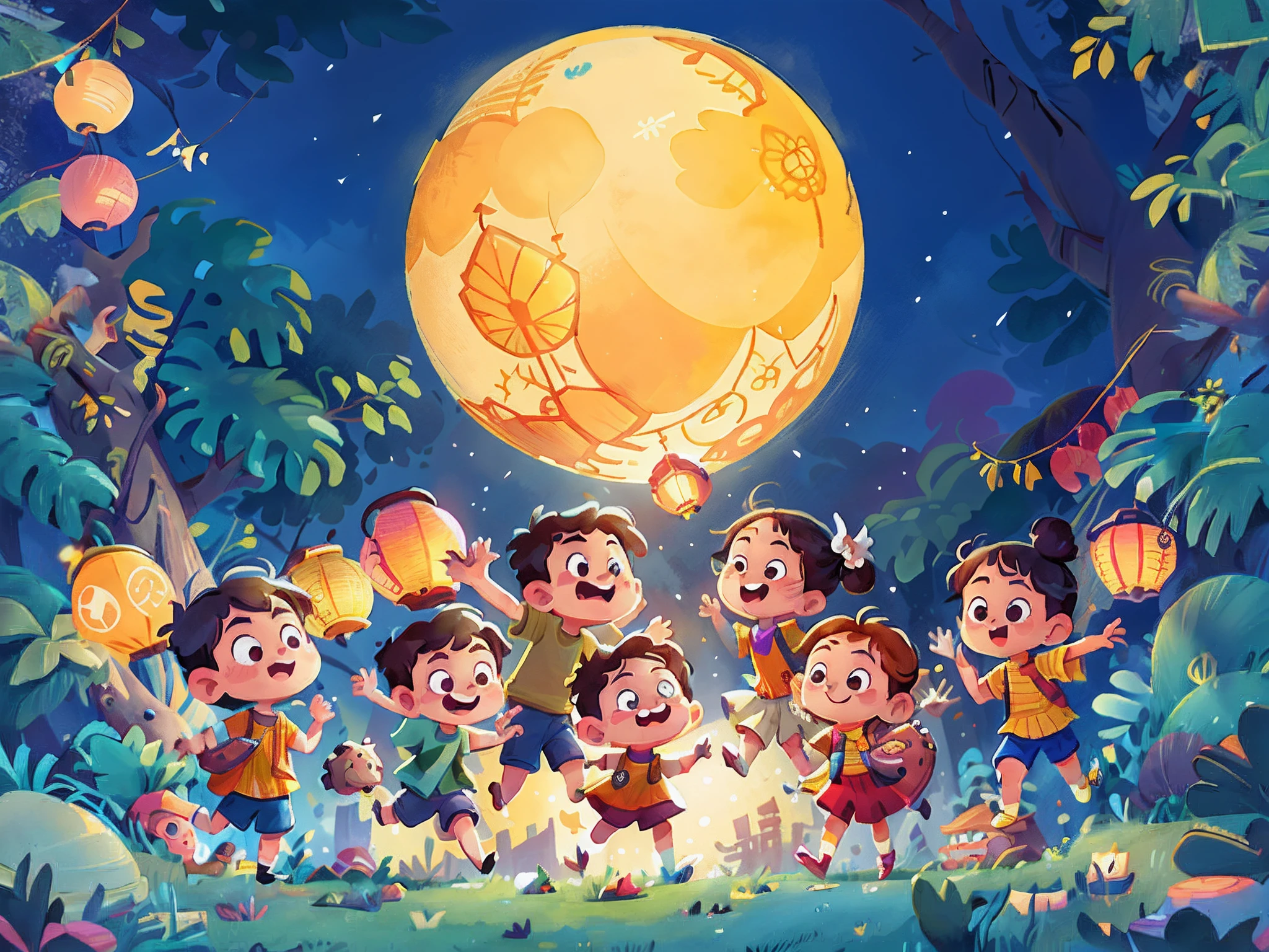 Poster design, (SFW), a group children boy and girl are jumping high forward together with lanterns on hand in dark sky with yellow moon, the banyan tree on the Moon, fine facial features, asia children, summer, mid-autumn festival, moon festival, star lantern, carp lanterns, yellow moon at midnight, happy, plants, perfect quality, clear focus, colorful, perfect face, smile face, body jump, jumping childern, intricate details, ultra low viewing angle, wide angle lens, low angle, low camera, lanterns on hand, childrens illustration, children illustration, cute artwork, kids book illustration, inspired by Anton Fadeev, illutstration, artistic illustration, promotional art, having good time, moontime, Best quality, masterpiece, ultra-high resolution, clean facial features, graphic design, facing the viewer, night, lanterns on hand, children jumping foward, Dragon dance and Lion dance, the banyan tree on the Moon ,