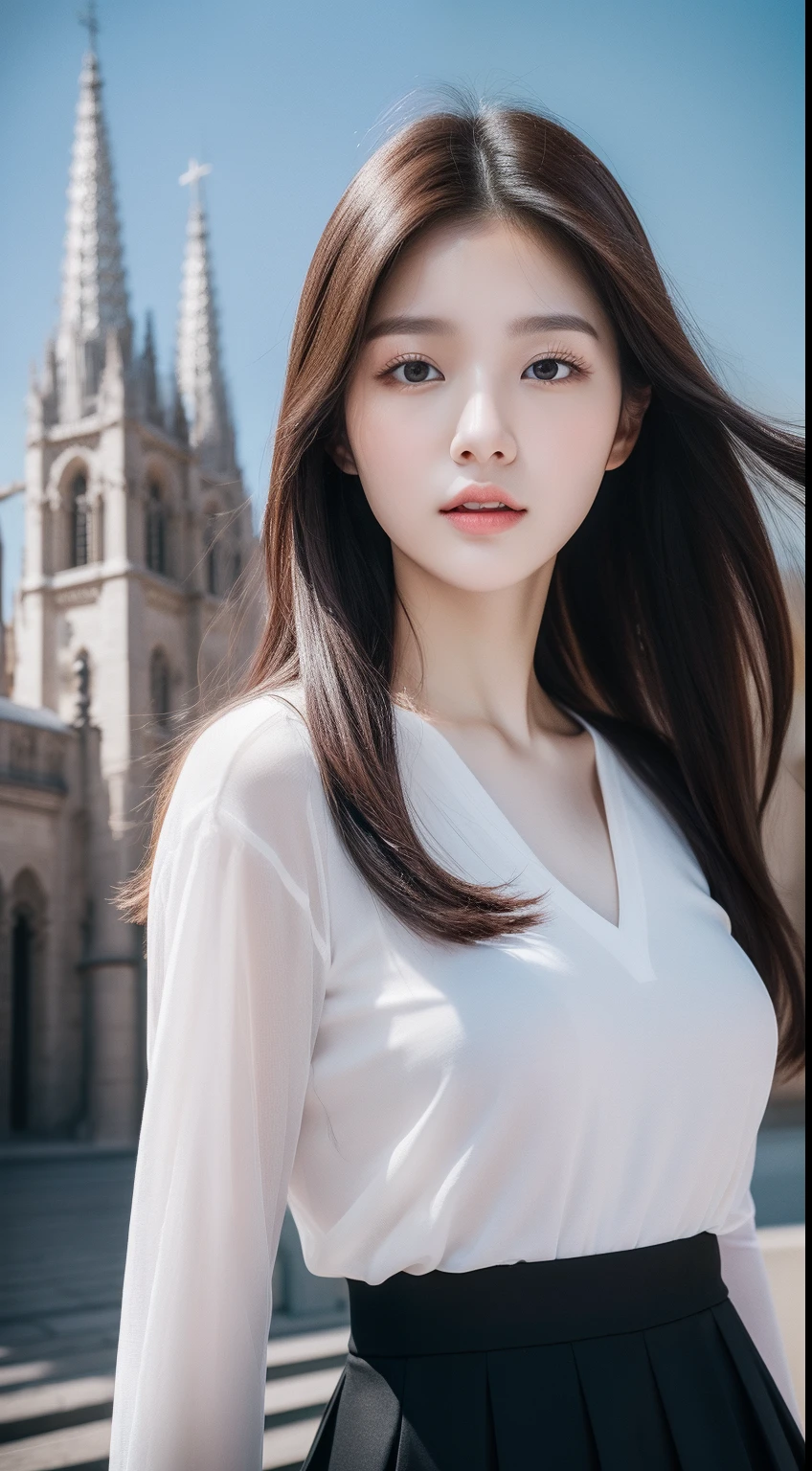 realistic photos of 1 cute Korean star, straight hair , white skin, thin makeup, 32 inch breasts size, wearing v-neck shirt, black skirt, cathedral is backdrop, close-up portrait, rococo style, UHD